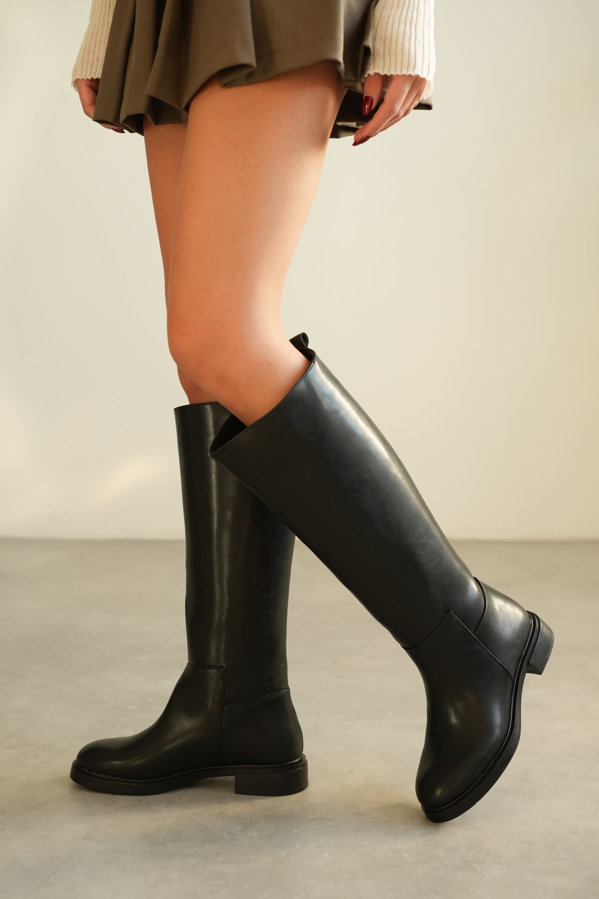 Kadın Poter Düz Tabanlı Çizme - siyah-deri