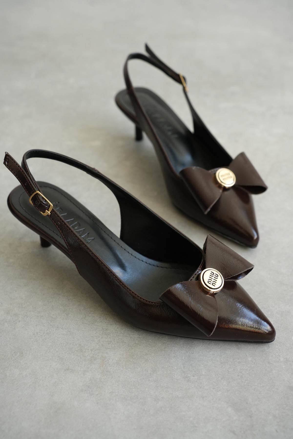 Kadın Tesla Kısa Topuklu Papyonlu Ayakkabı - Kahve-Rugan