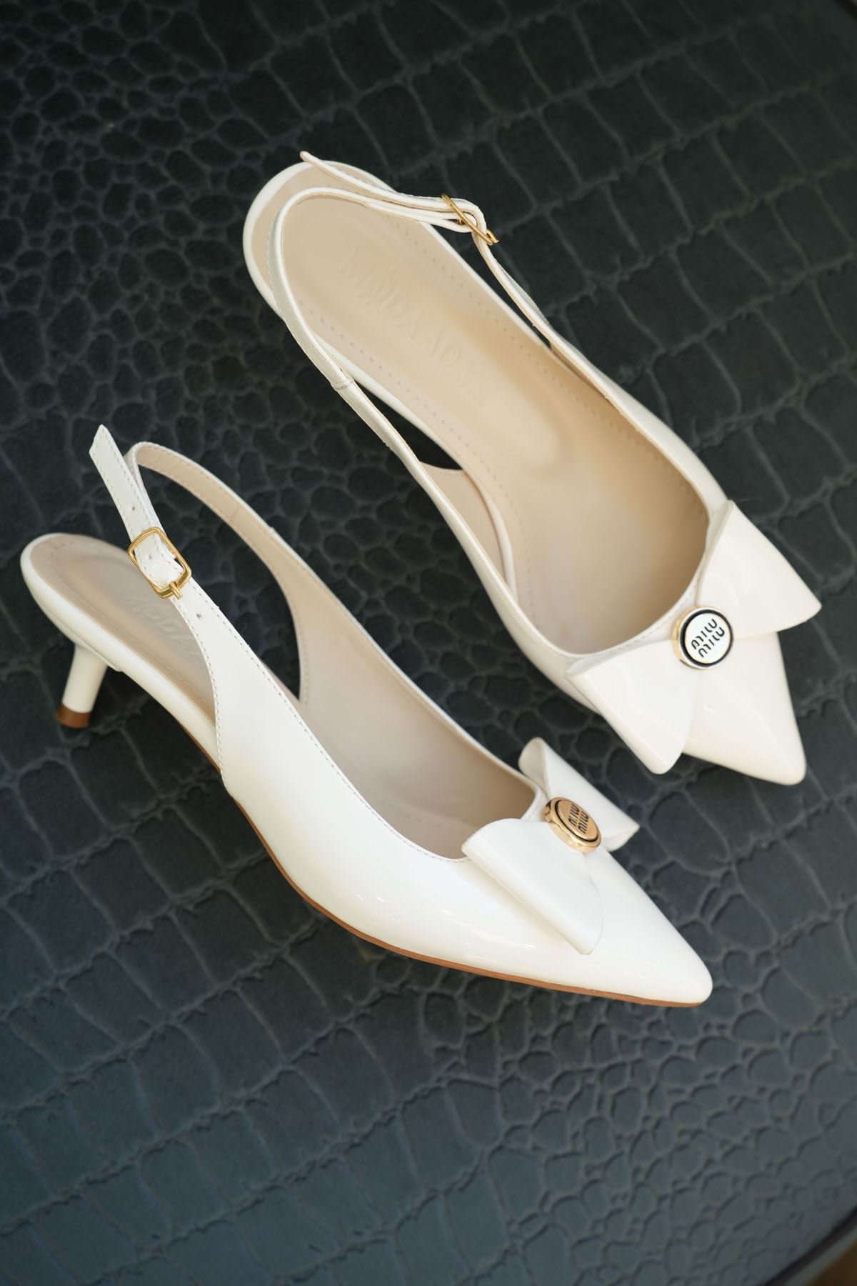 Kadın Tesla Kısa Topuklu Papyonlu Ayakkabı - Beyaz-Rugan