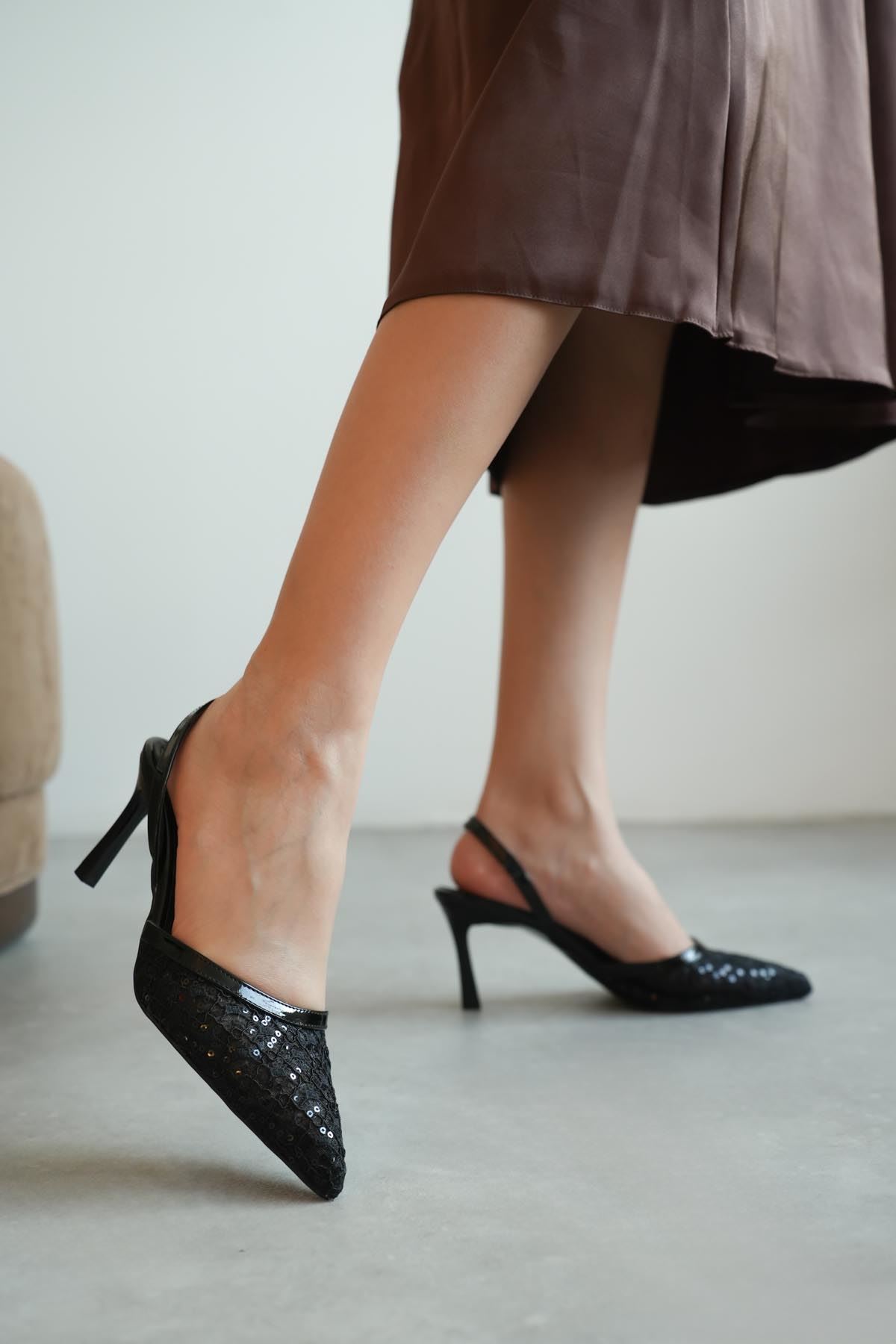 Kadın Lucco Pullu Dantelli Topuklu Ayakkabı - Siyah