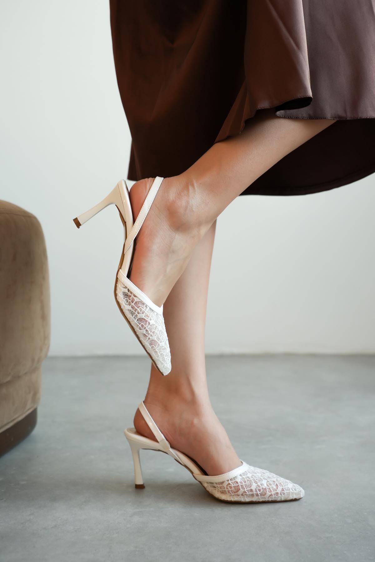 Kadın Lucco Pullu Dantelli Topuklu Ayakkabı - Beyaz