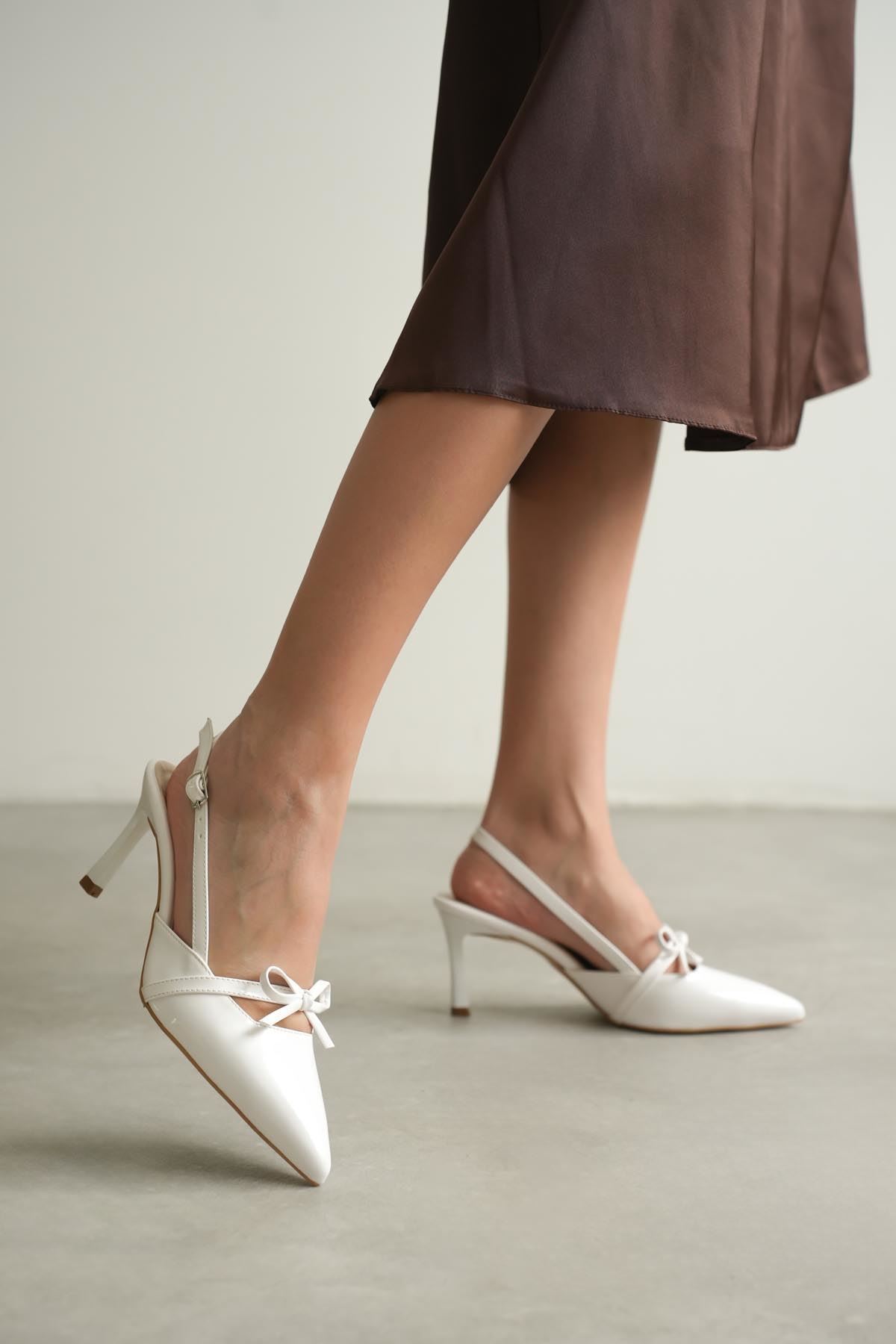 Kadın Sinco Fiyonklu Topuklu Ayakkabı - Beyaz-Rugan