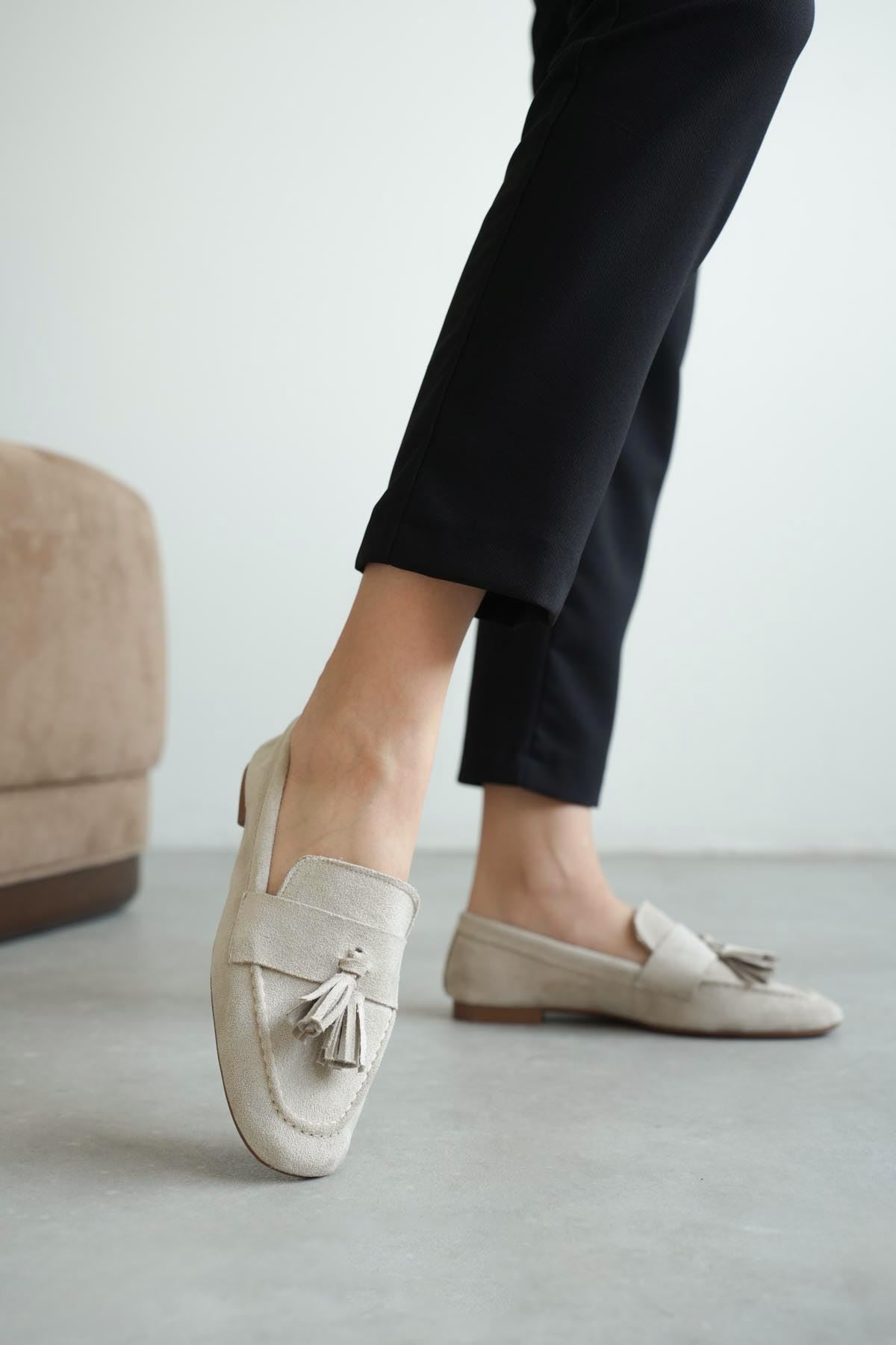 Kadın Boos Düz Taban Püsküllü Babet - Ten Süet