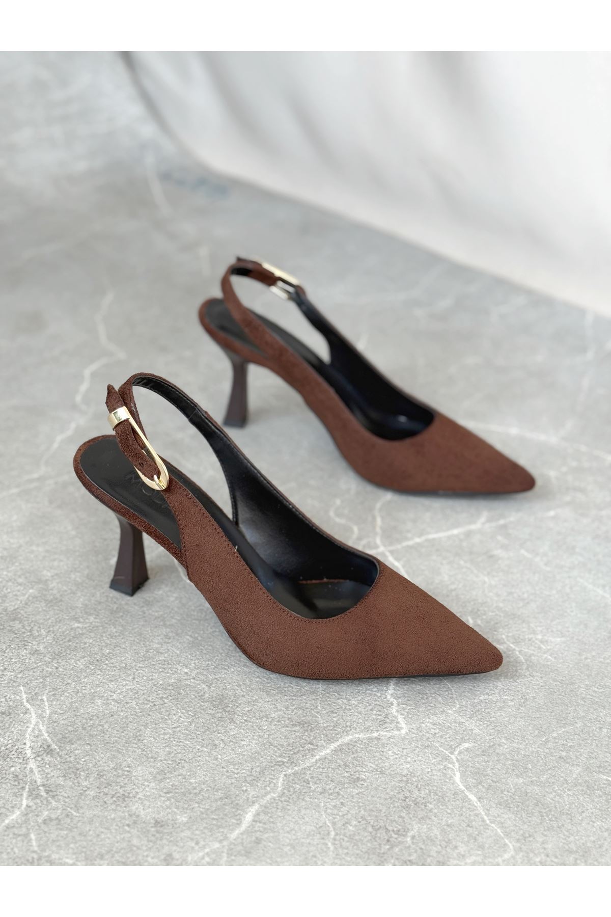 Kadın Ovis Sivri Topuklu Ayakkabı - Kahve-Süet
