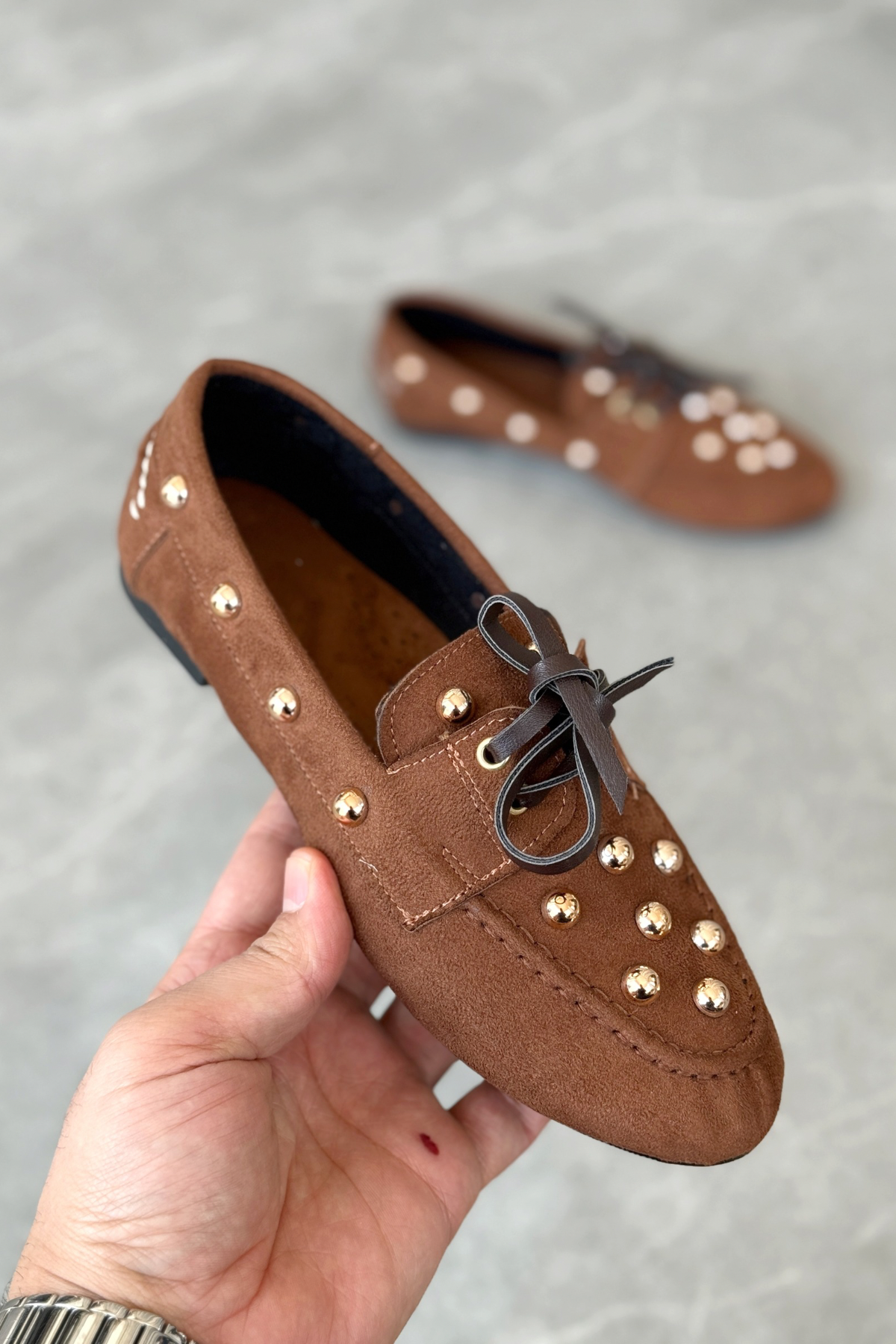 Kadın Fula Düz Taban Trok Detay Babet - Kahve-Süet