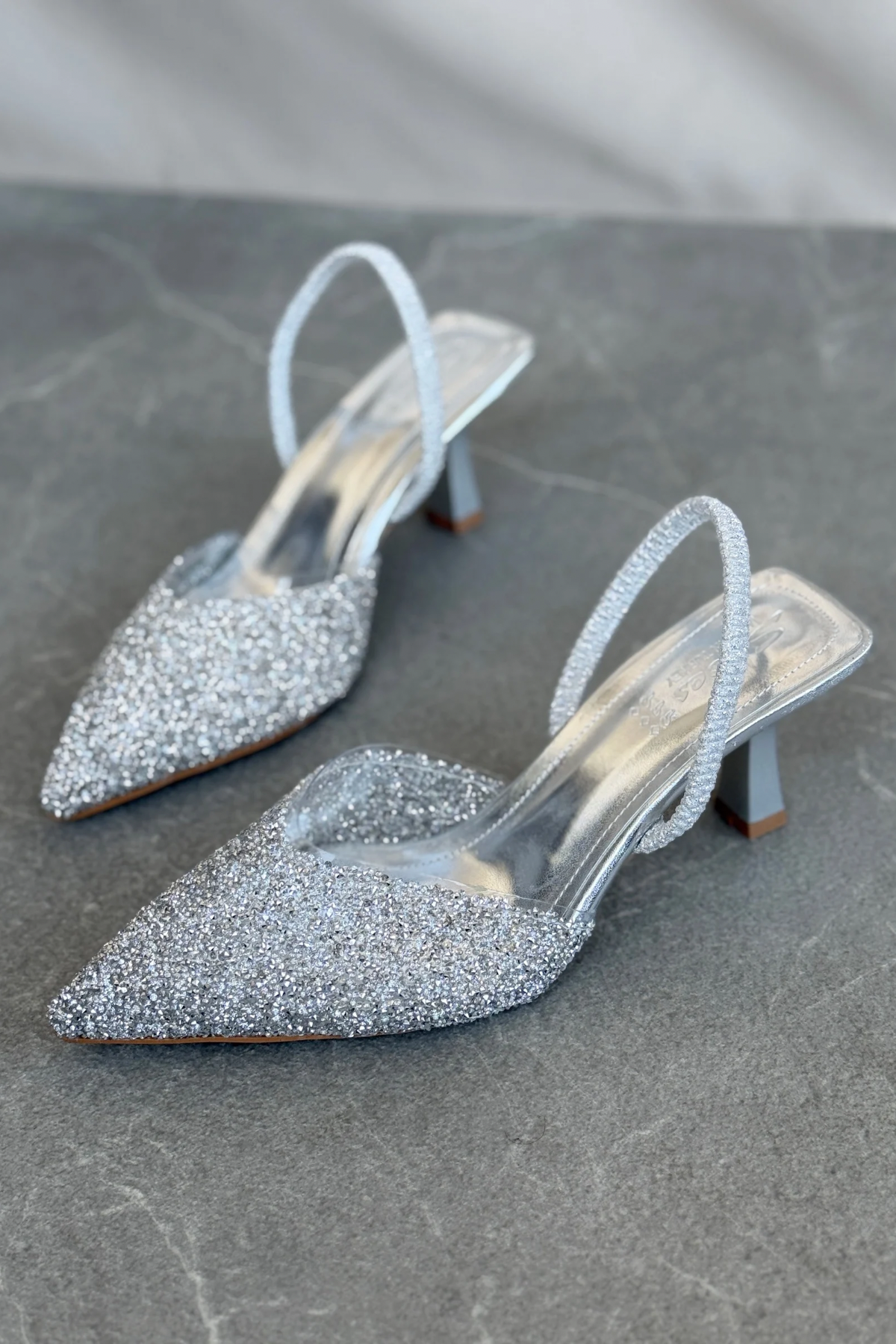 Kadın Monezza Topuklu Cam Kırığı Taşlı Ayakkabı - Gümüş