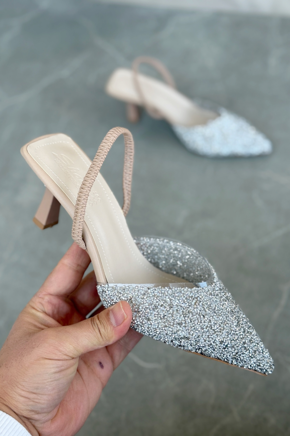 Kadın Monezza Topuklu Cam Kırığı Taşlı Ayakkabı - Nude