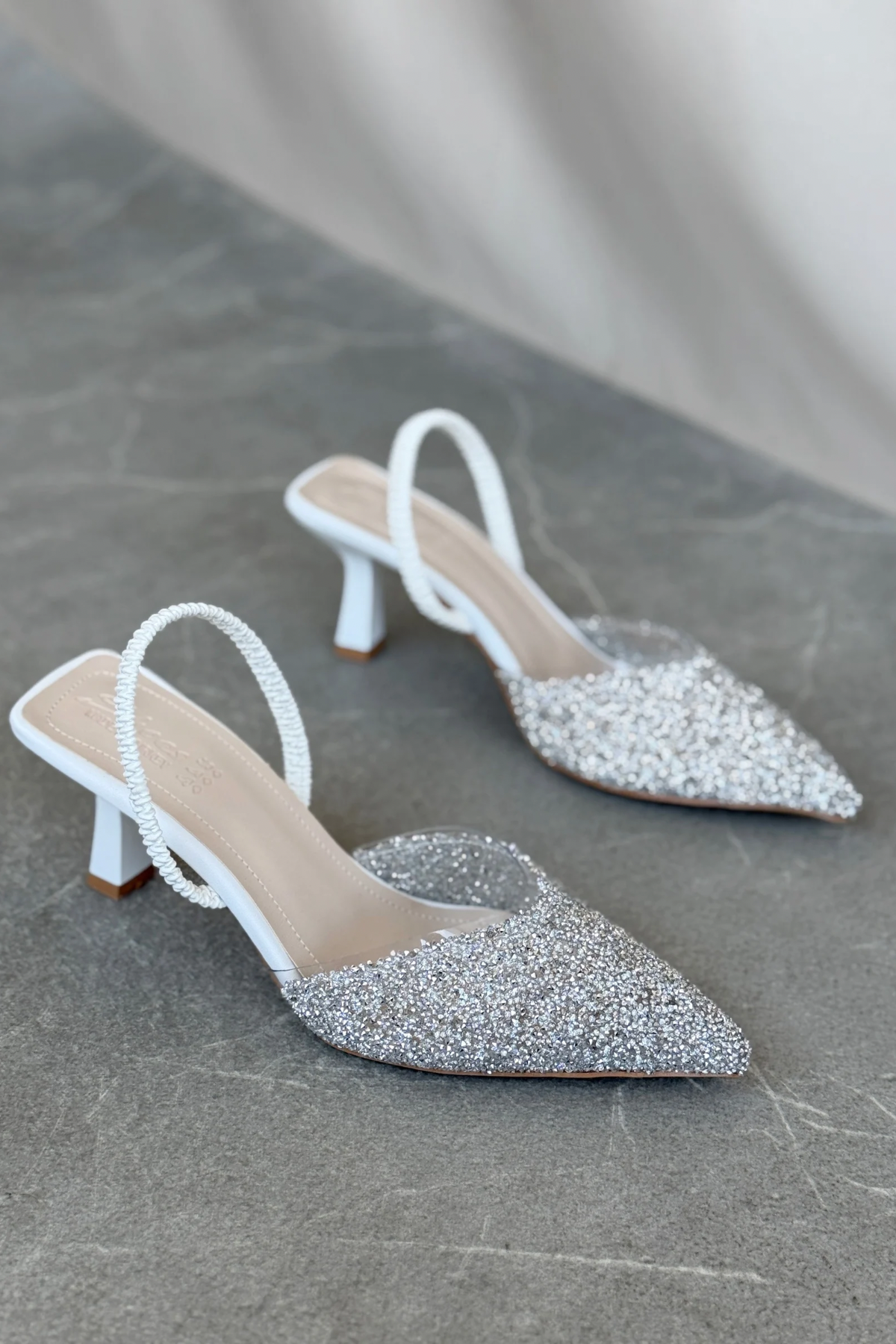 Kadın Monezza Topuklu Cam Kırığı Taşlı Ayakkabı - Beyaz