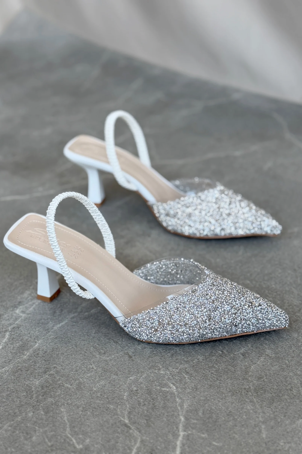 Kadın Monezza Topuklu Cam Kırığı Taşlı Ayakkabı - Beyaz