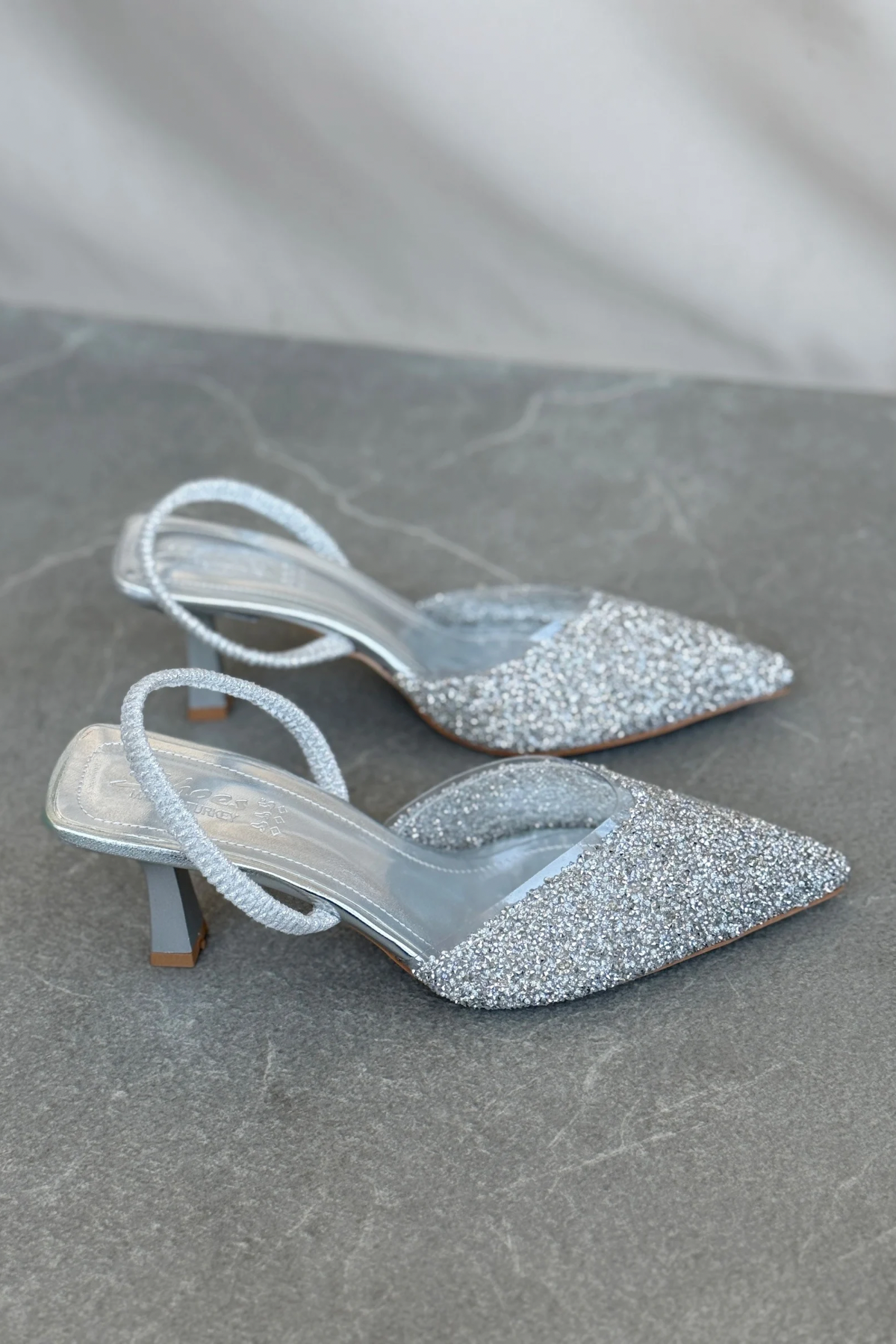 Kadın Monezza Topuklu Cam Kırığı Taşlı Ayakkabı - Gümüş