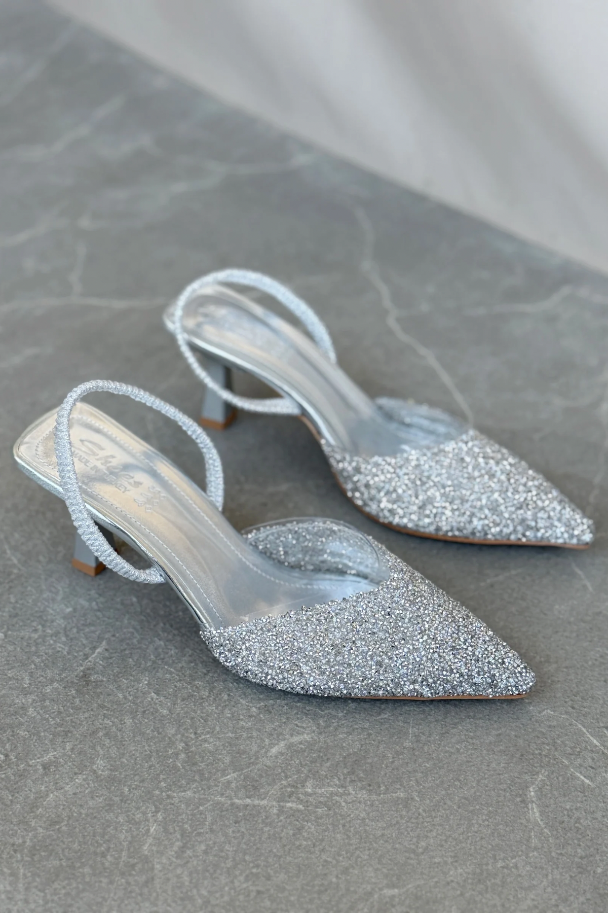 Kadın Monezza Topuklu Cam Kırığı Taşlı Ayakkabı - Gümüş