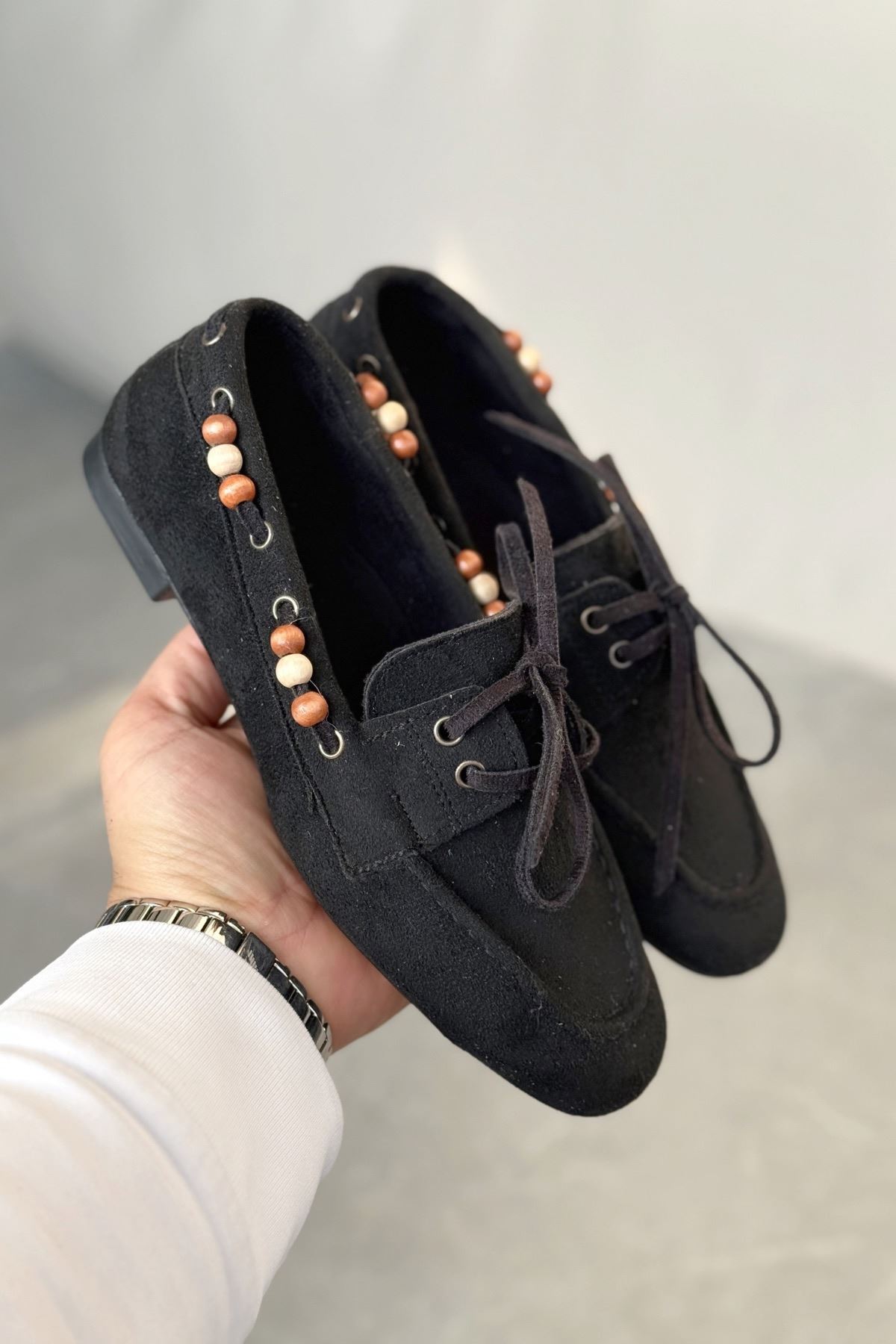 Kadın Ragus Boncuk Detay  Düz Taban Babet - Siyah Süet