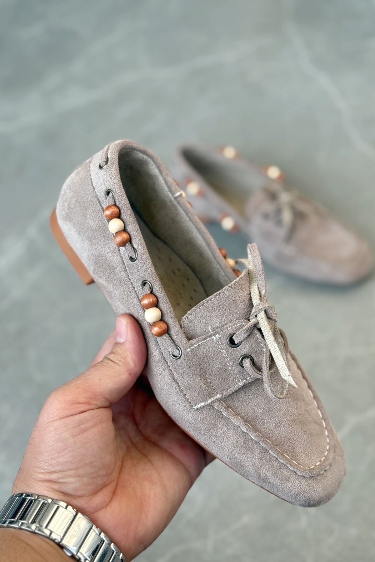 Kadın Ragus Boncuk Detay  Düz Taban Babet - Vizon