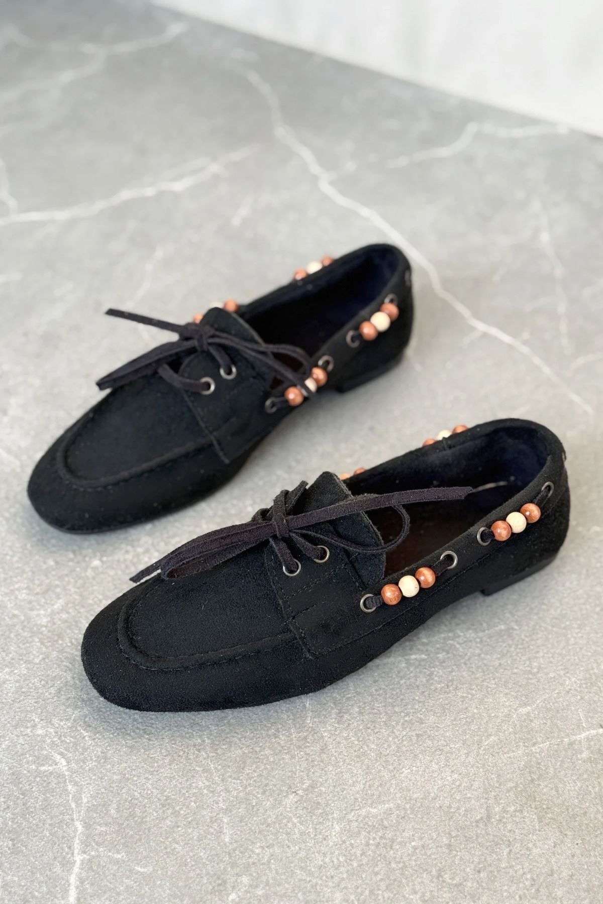 Kadın Ragus Boncuk Detay  Düz Taban Babet - Siyah Süet
