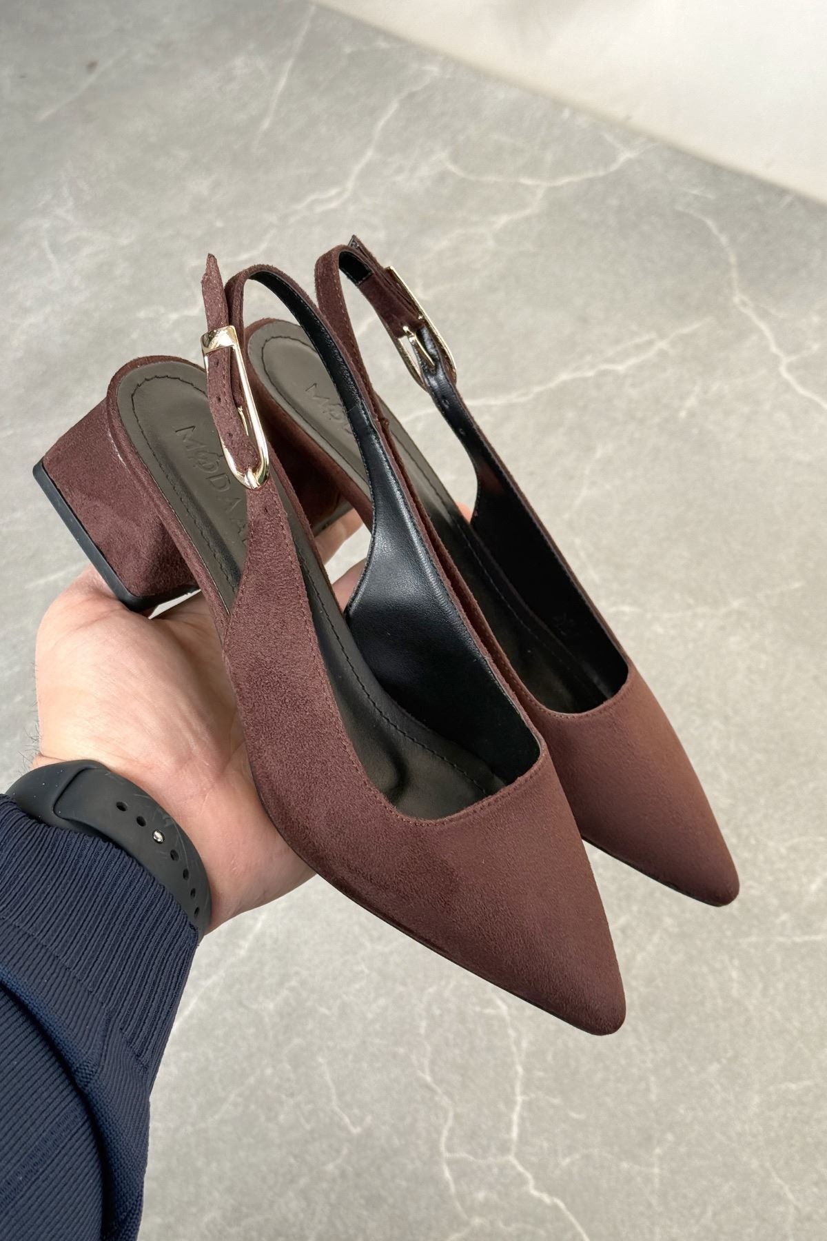 Kadın Mely Tokalı Kısa Topuklu Ayakkabı - Kahve-Süet