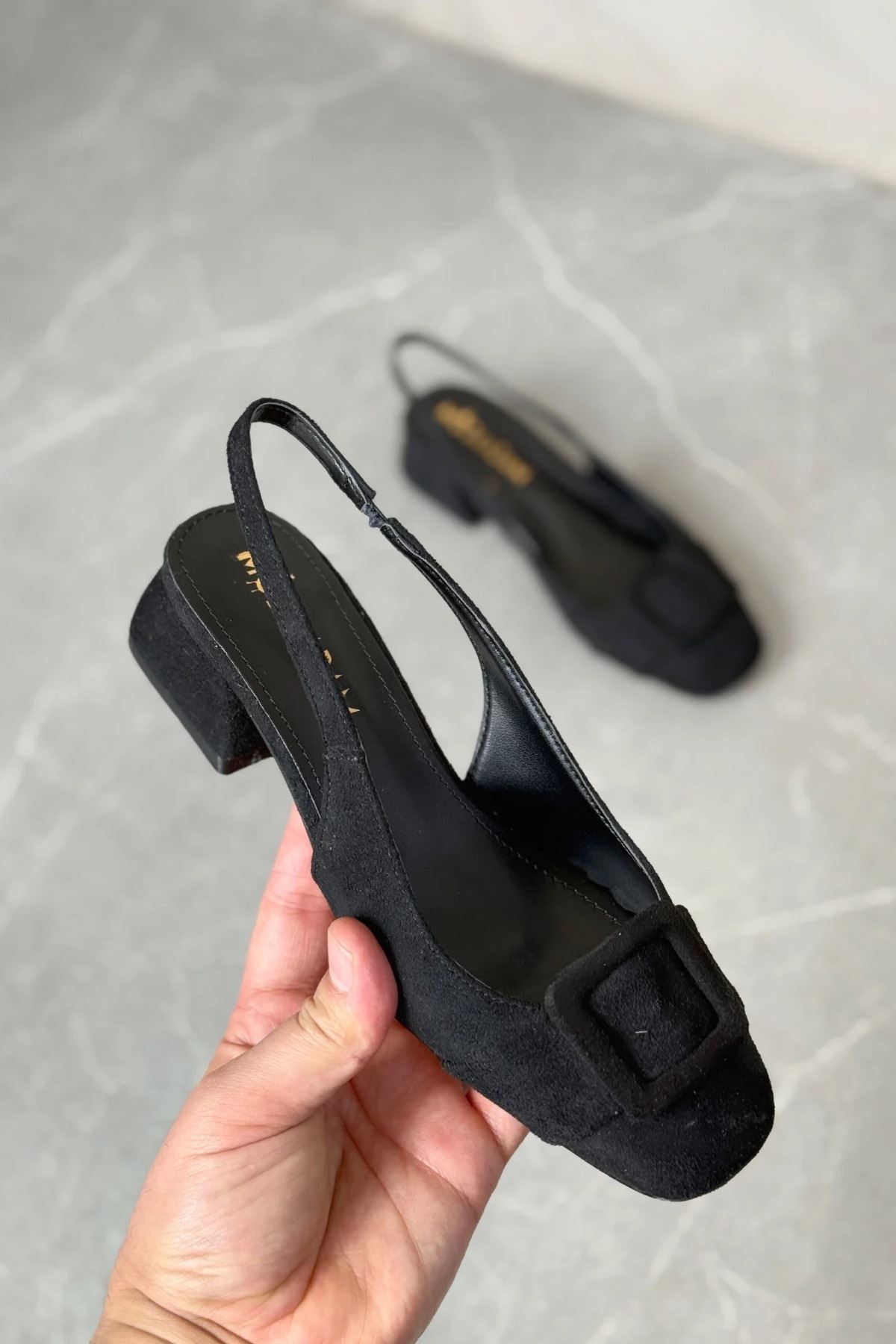 Kadın Monet Kısa Topuklu Ayakkabı - Siyah Süet