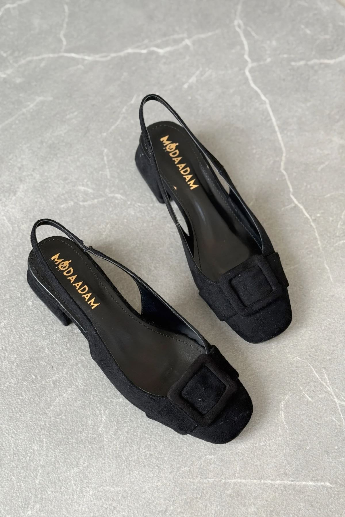 Kadın Monet Kısa Topuklu Ayakkabı - Siyah Süet