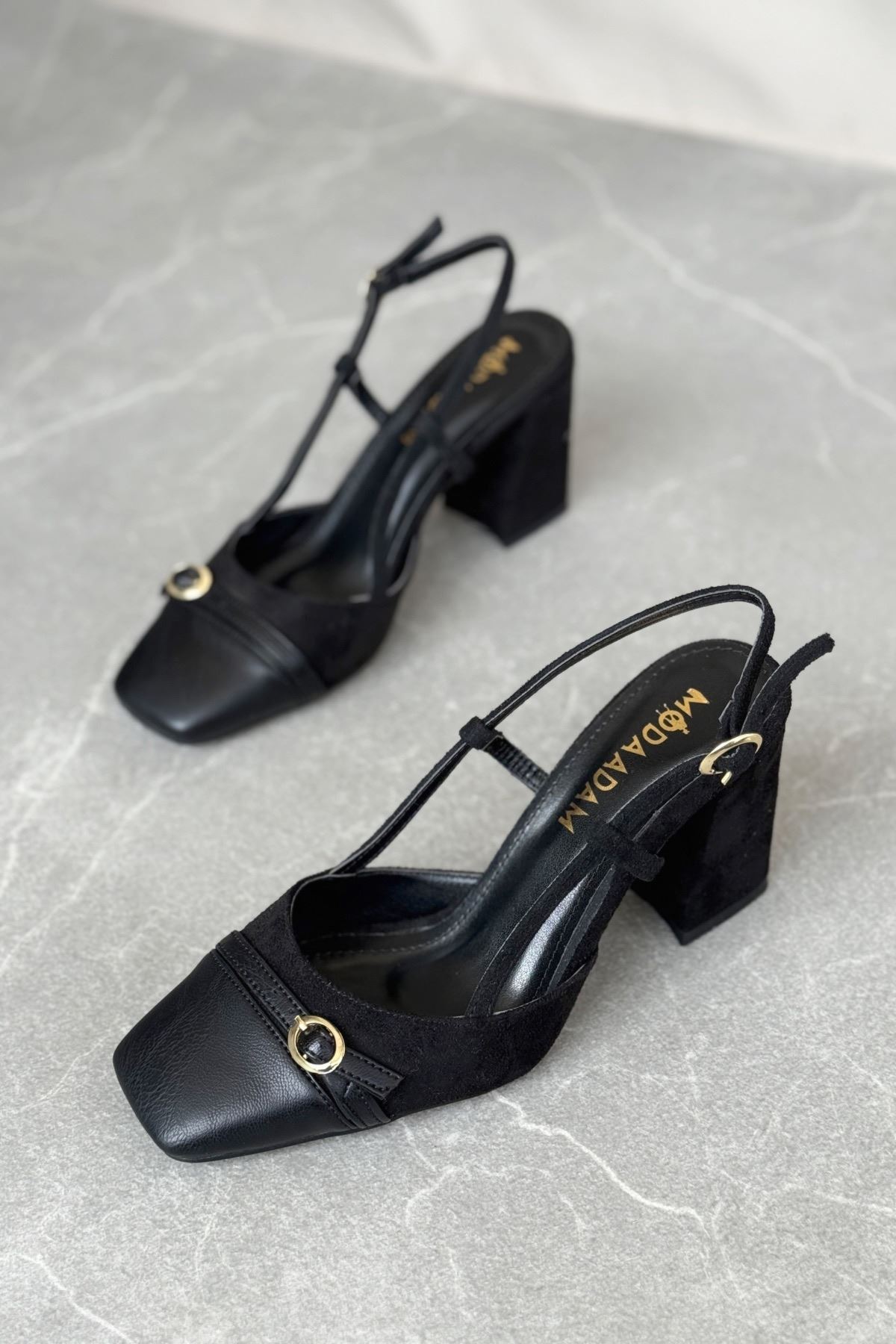 Kadın Saly Köşe Burun Topuklu Ayakkabı - Siyah Süet