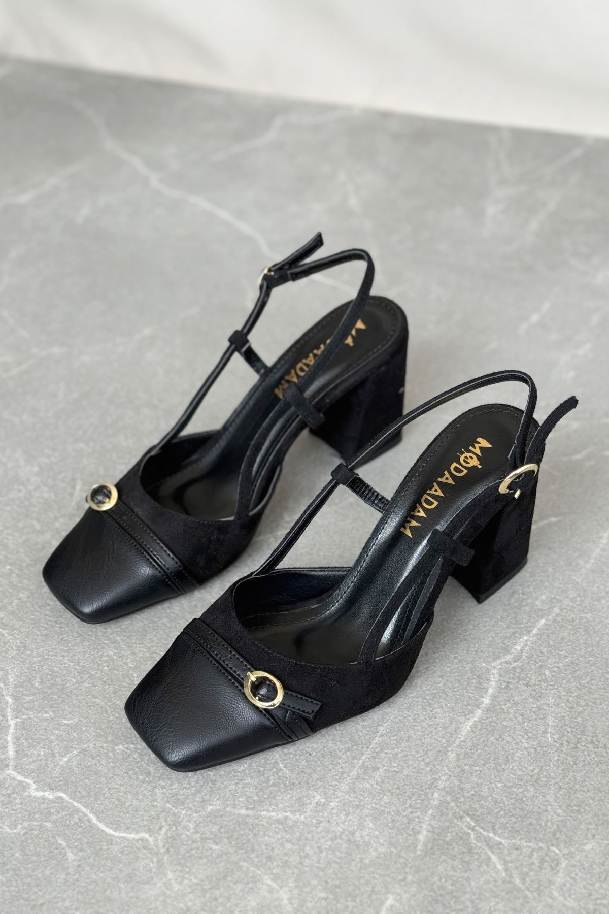 Kadın Saly Köşe Burun Topuklu Ayakkabı - Siyah Süet