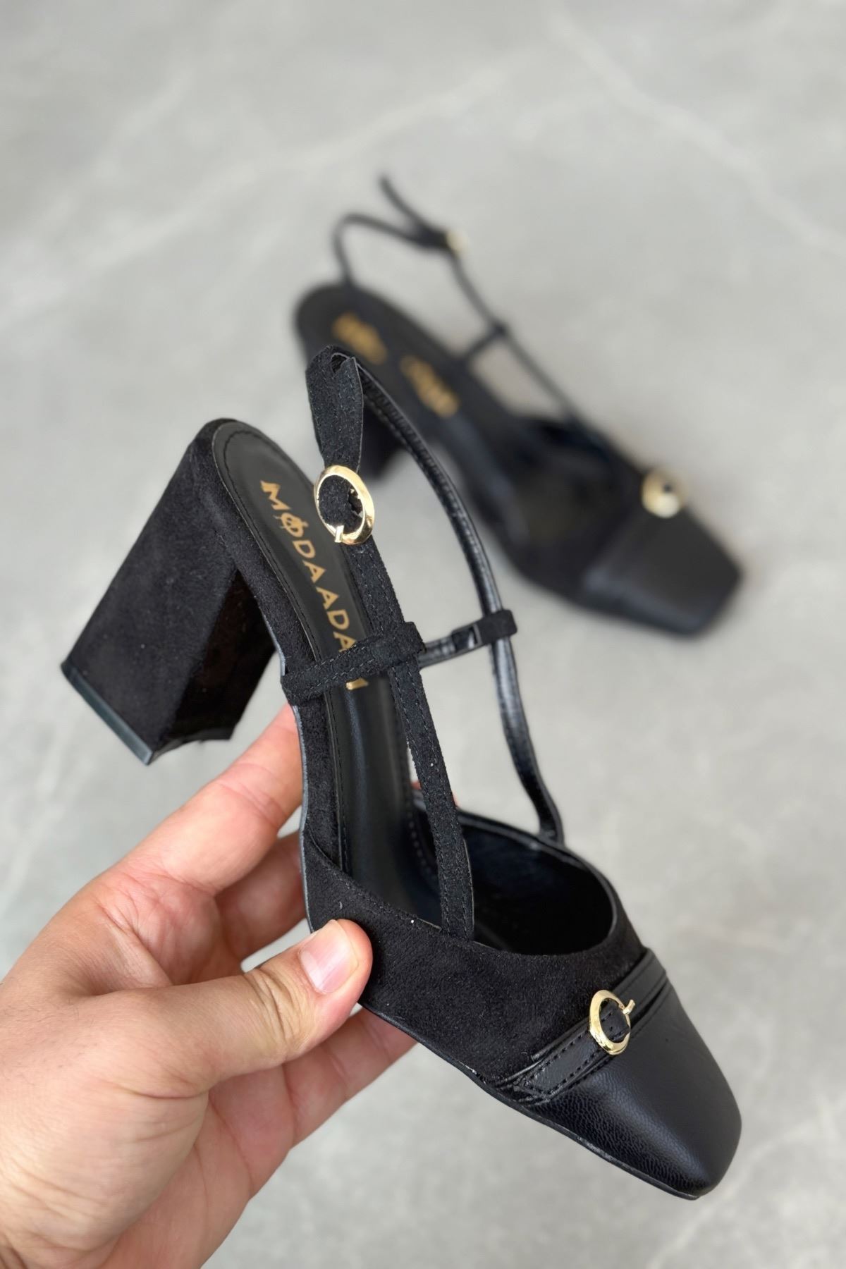 Kadın Saly Köşe Burun Topuklu Ayakkabı - Siyah Süet