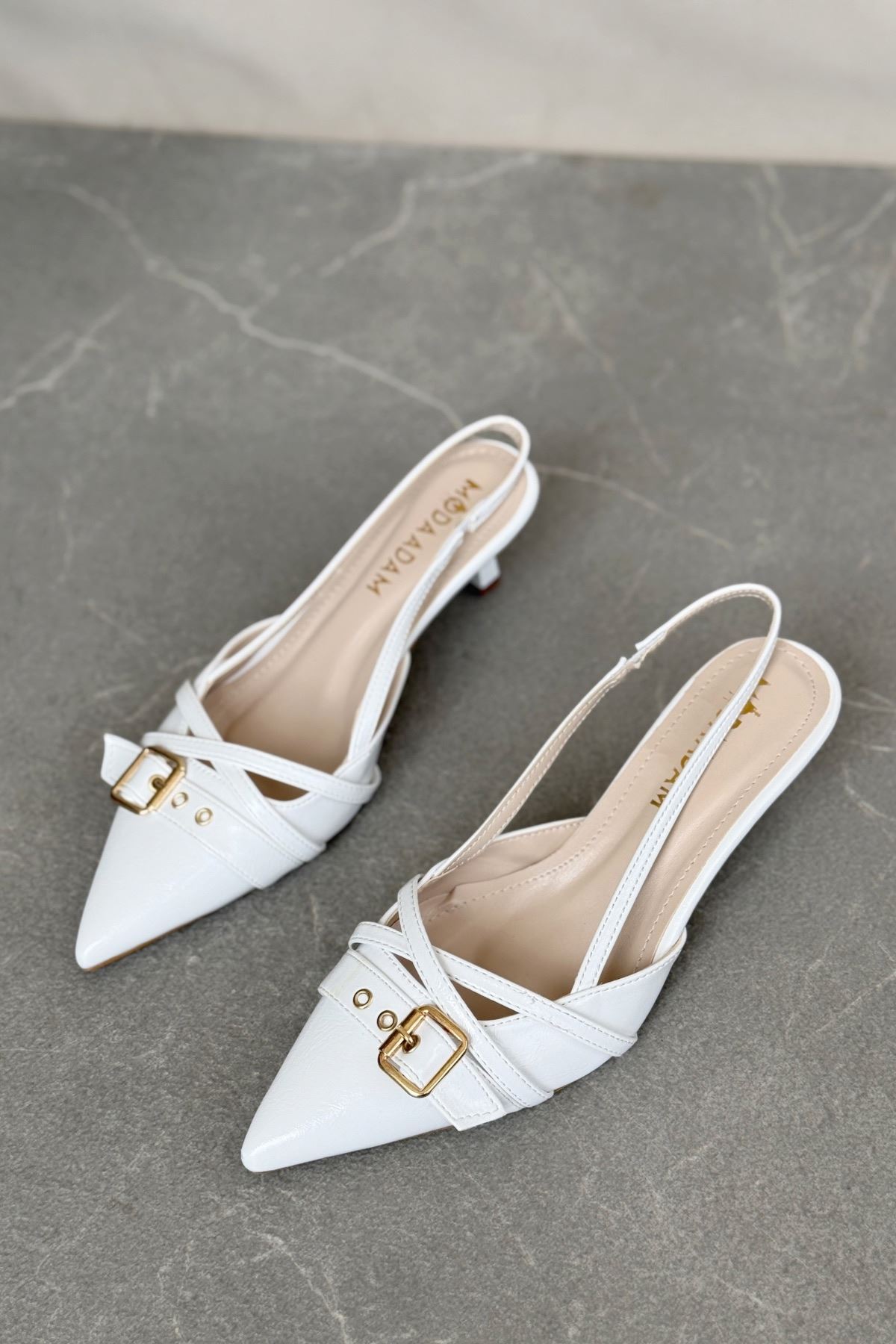 Kadın Paris İnce Kısa Topuklu Ayakkabı - Beyaz-Rugan