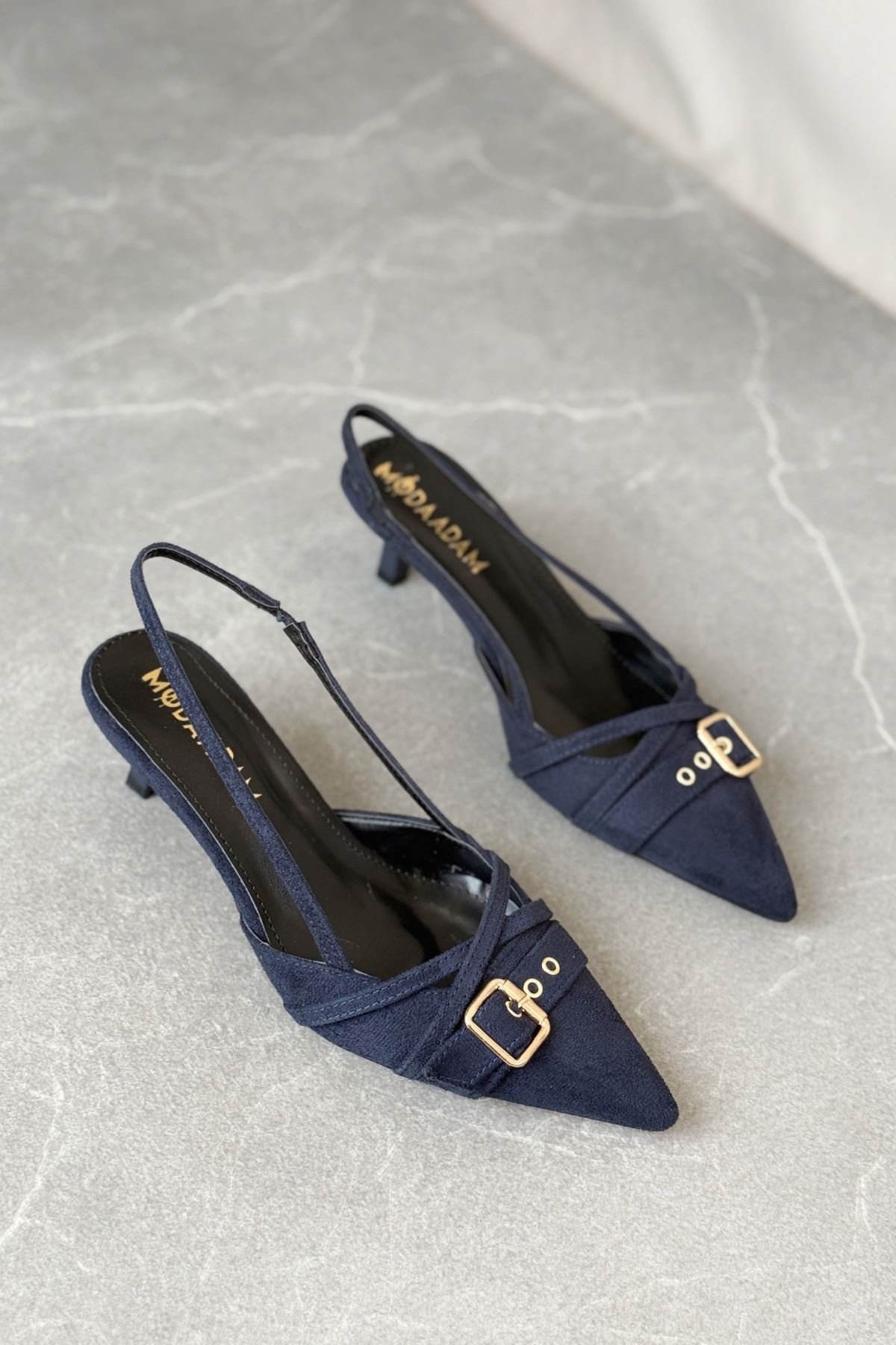 Kadın Paris İnce Kısa Topuklu Ayakkabı - Lacivert-Süet