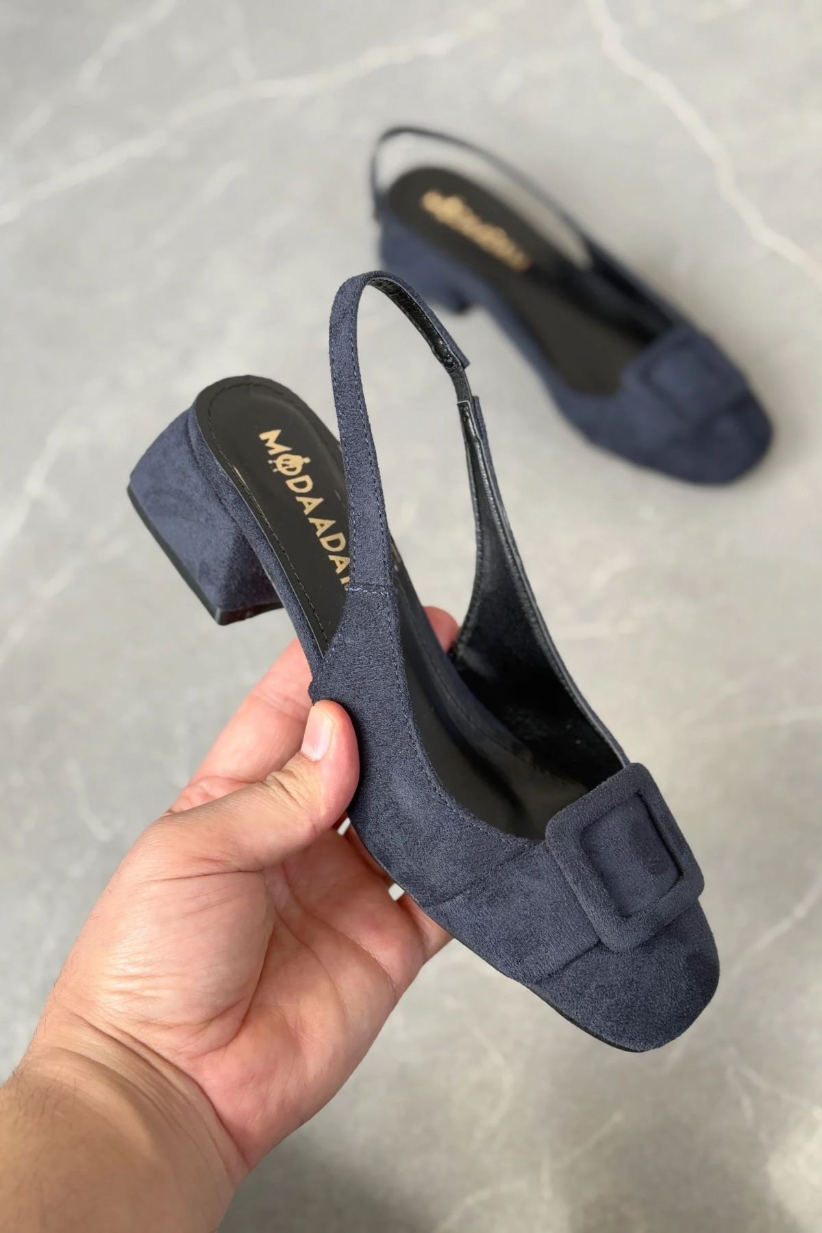 Kadın Monet Kısa Topuklu Ayakkabı - Lacivert-Süet