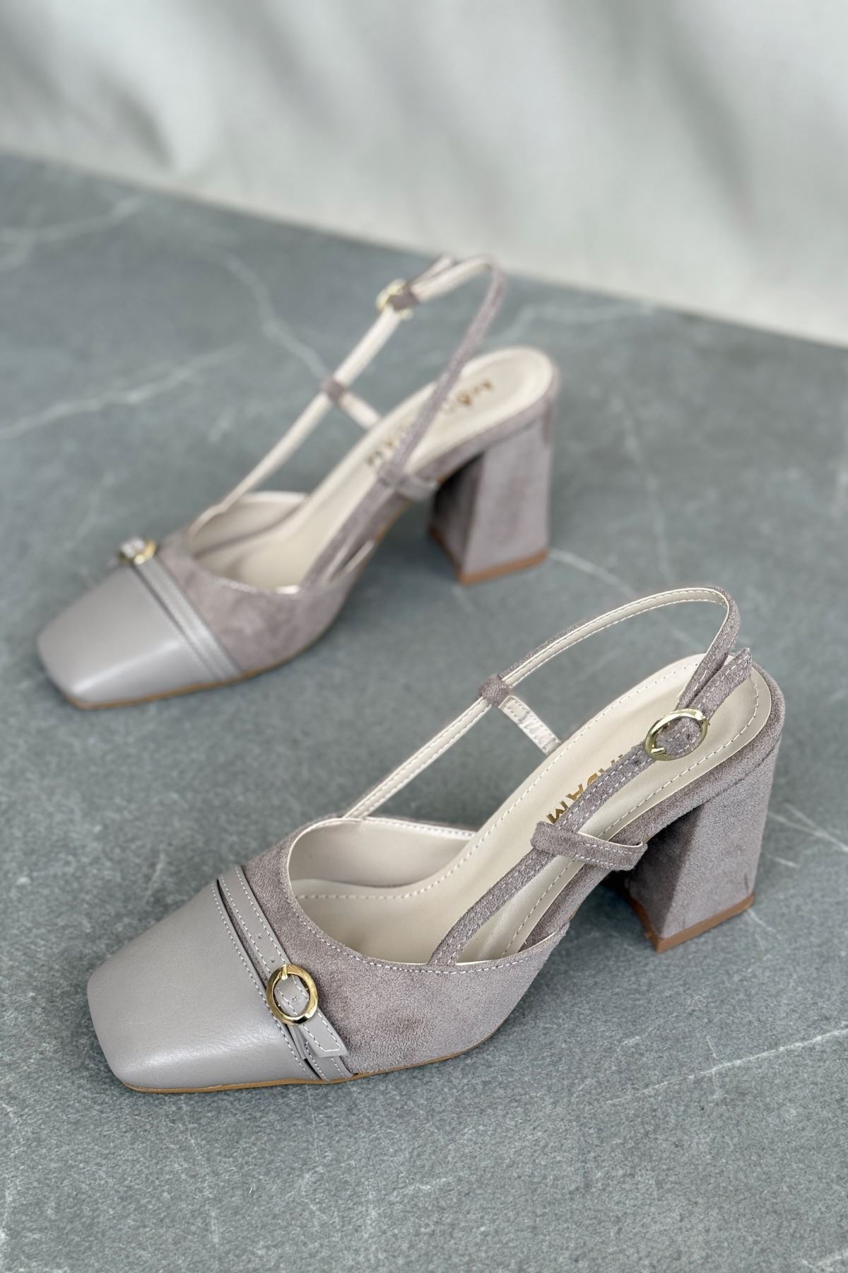 Kadın Saly Köşe Burun Topuklu Ayakkabı - Vizon