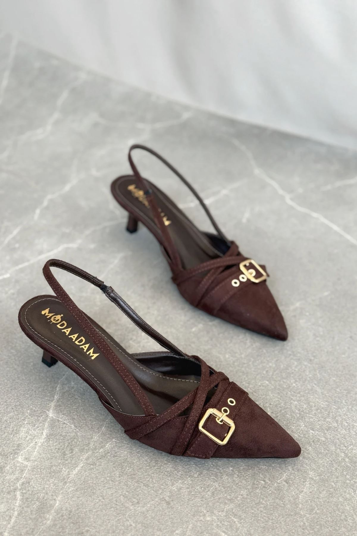 Kadın Paris İnce Kısa Topuklu Ayakkabı - Kahve-Süet