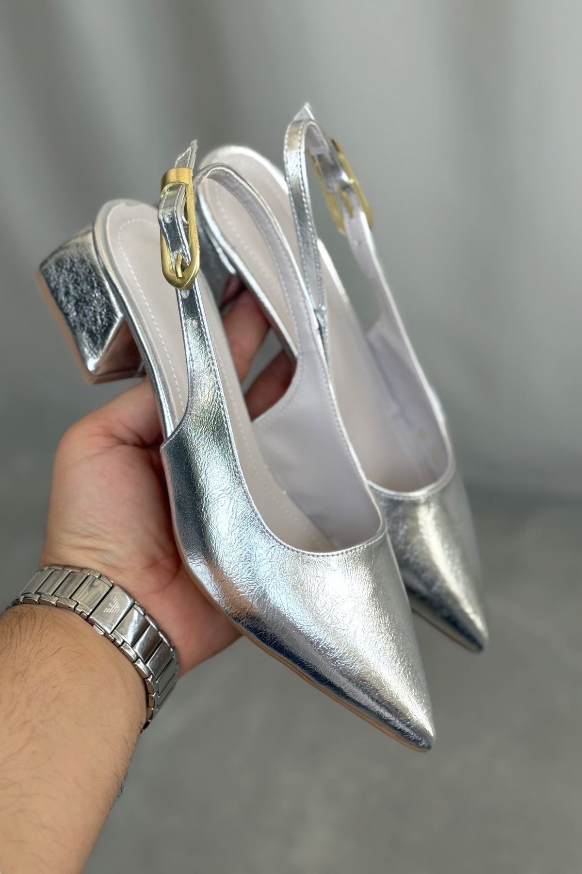 Kadın Mely Tokalı Kısa Topuklu Ayakkabı - Gümüş-Desenli