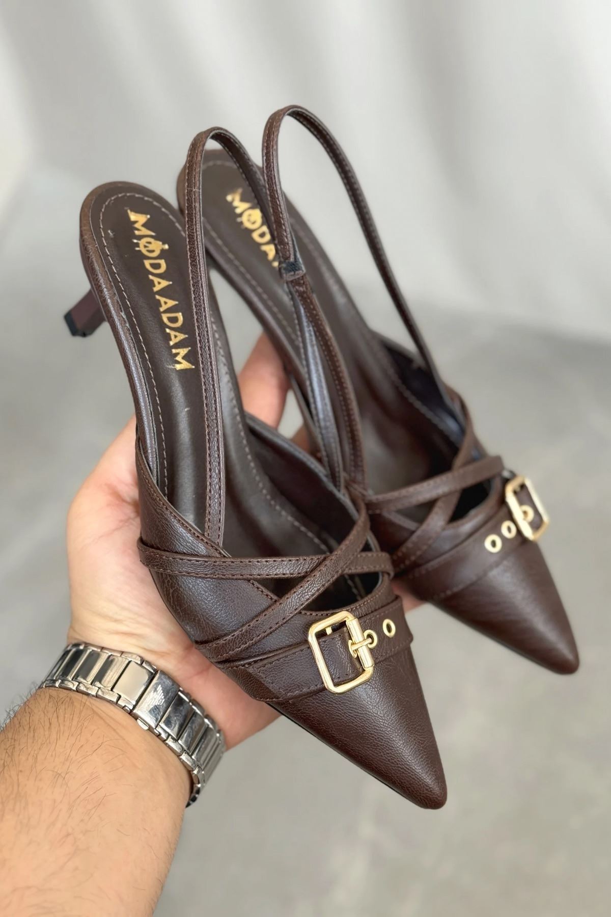 Kadın Paris İnce Kısa Topuklu Ayakkabı - Kahve-Deri