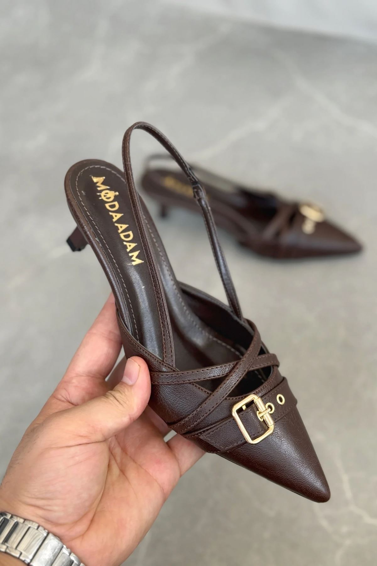 Kadın Paris İnce Kısa Topuklu Ayakkabı - Kahve-Deri