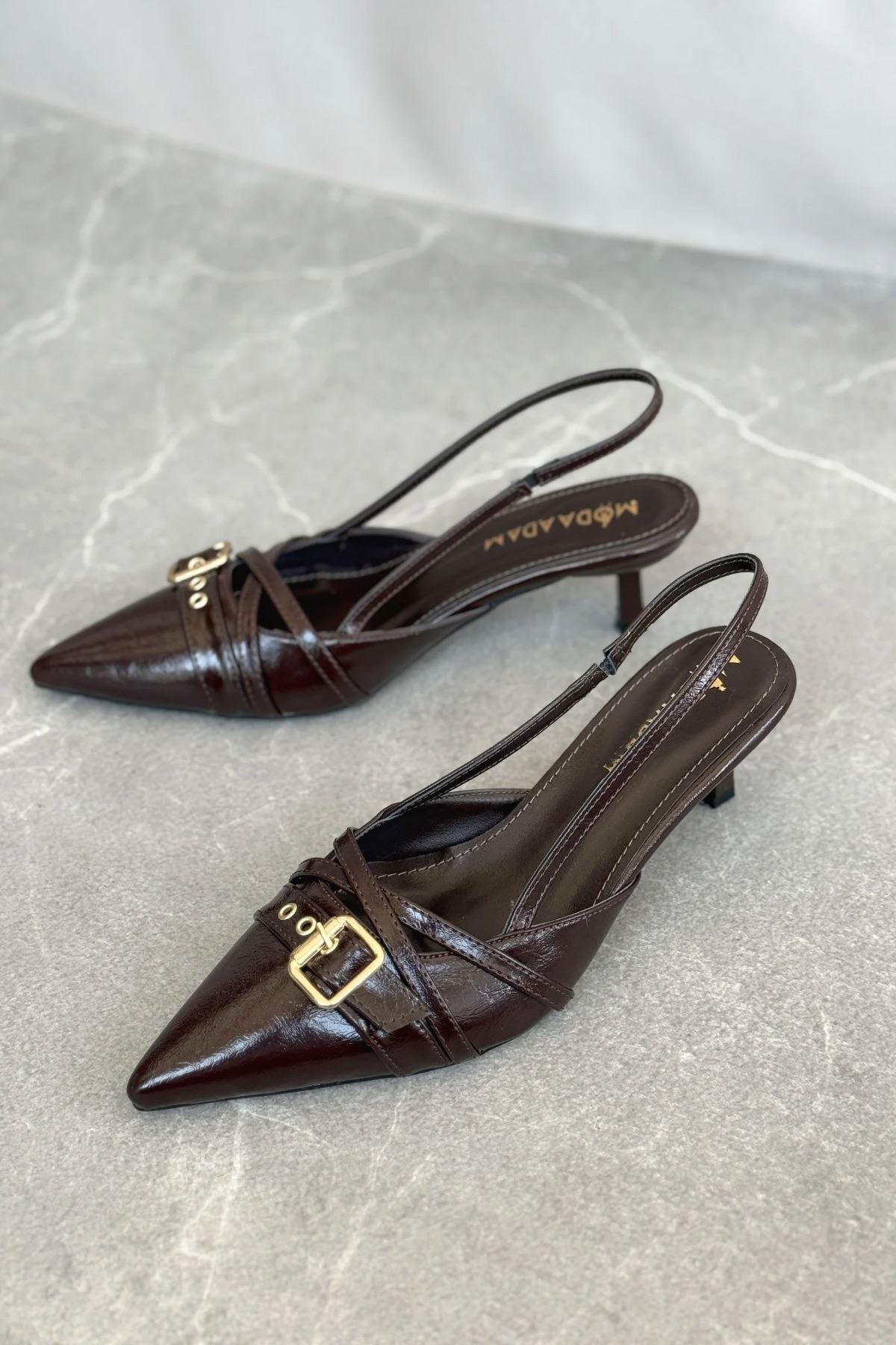 Kadın Paris İnce Kısa Topuklu Ayakkabı - Kahve-Rugan