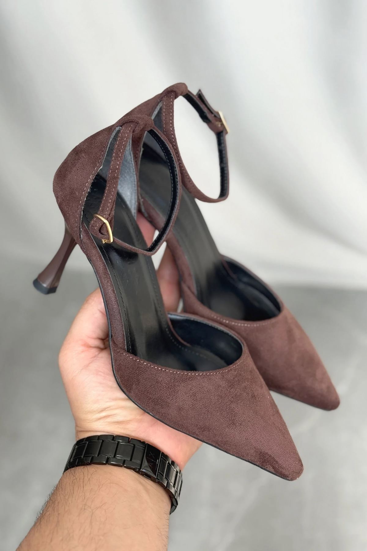 Kadın Rustik İnce Topuklu Ayakkabı - Kahve-Süet