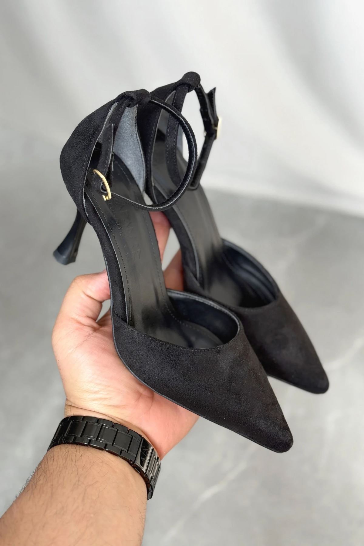 Kadın Rustik İnce Topuklu Ayakkabı - Siyah Süet