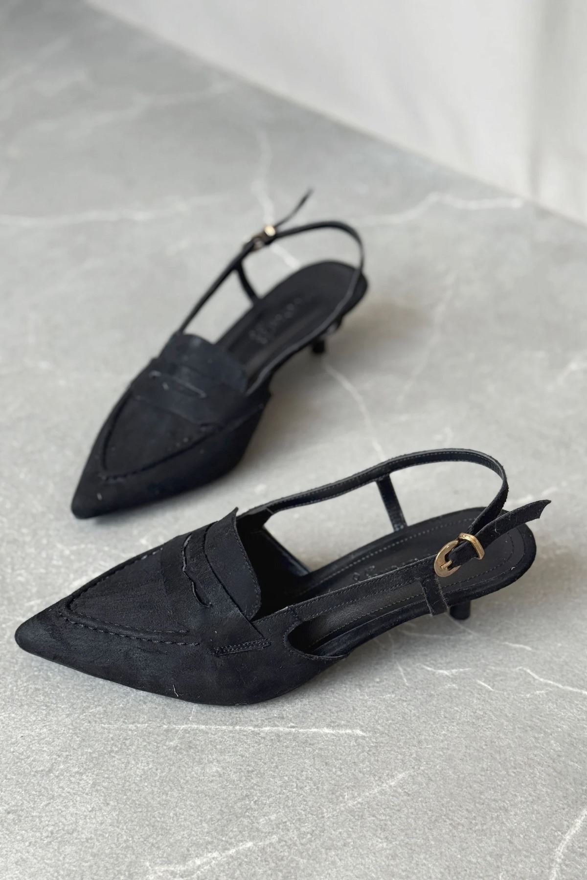 Kadın Pope Kısa Topuklu Ayakkabı - Siyah Süet