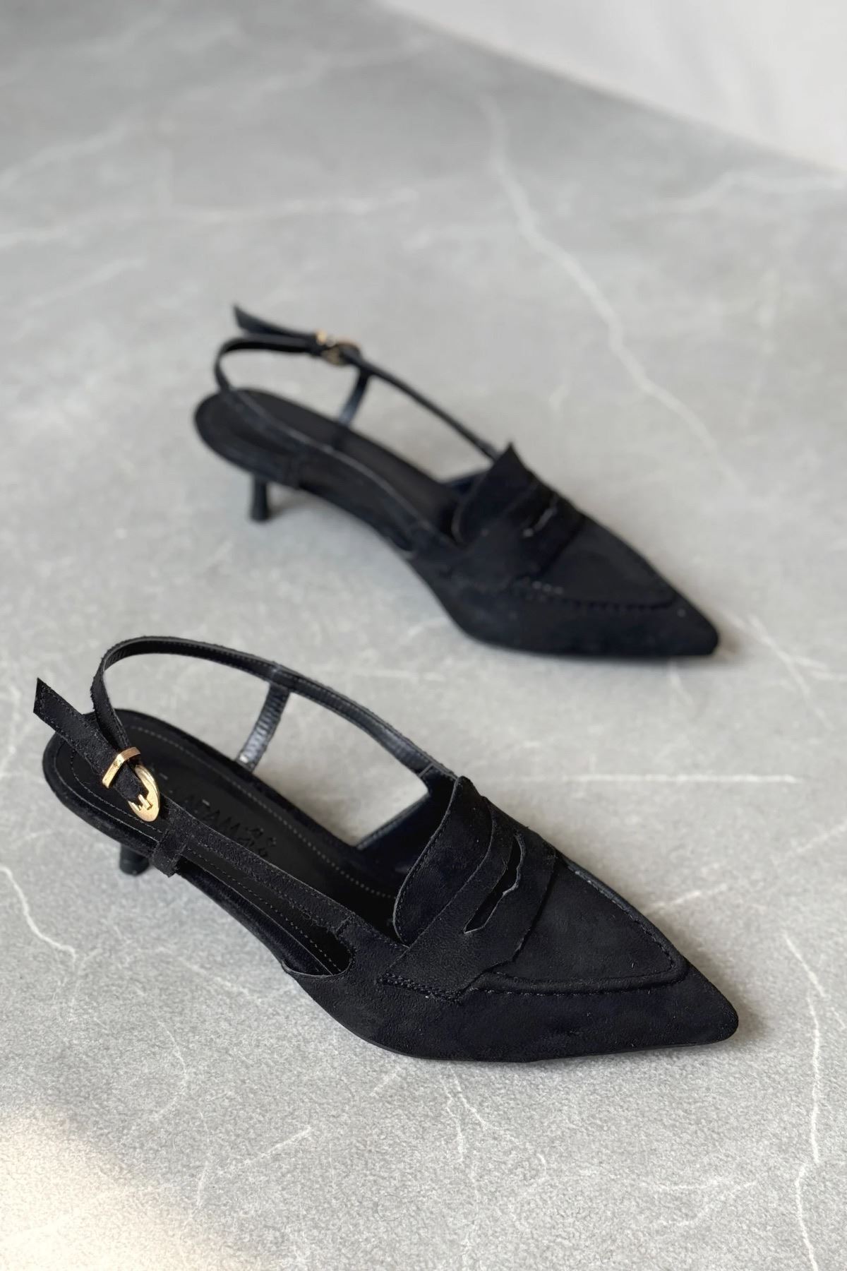 Kadın Pope Kısa Topuklu Ayakkabı - Siyah Süet