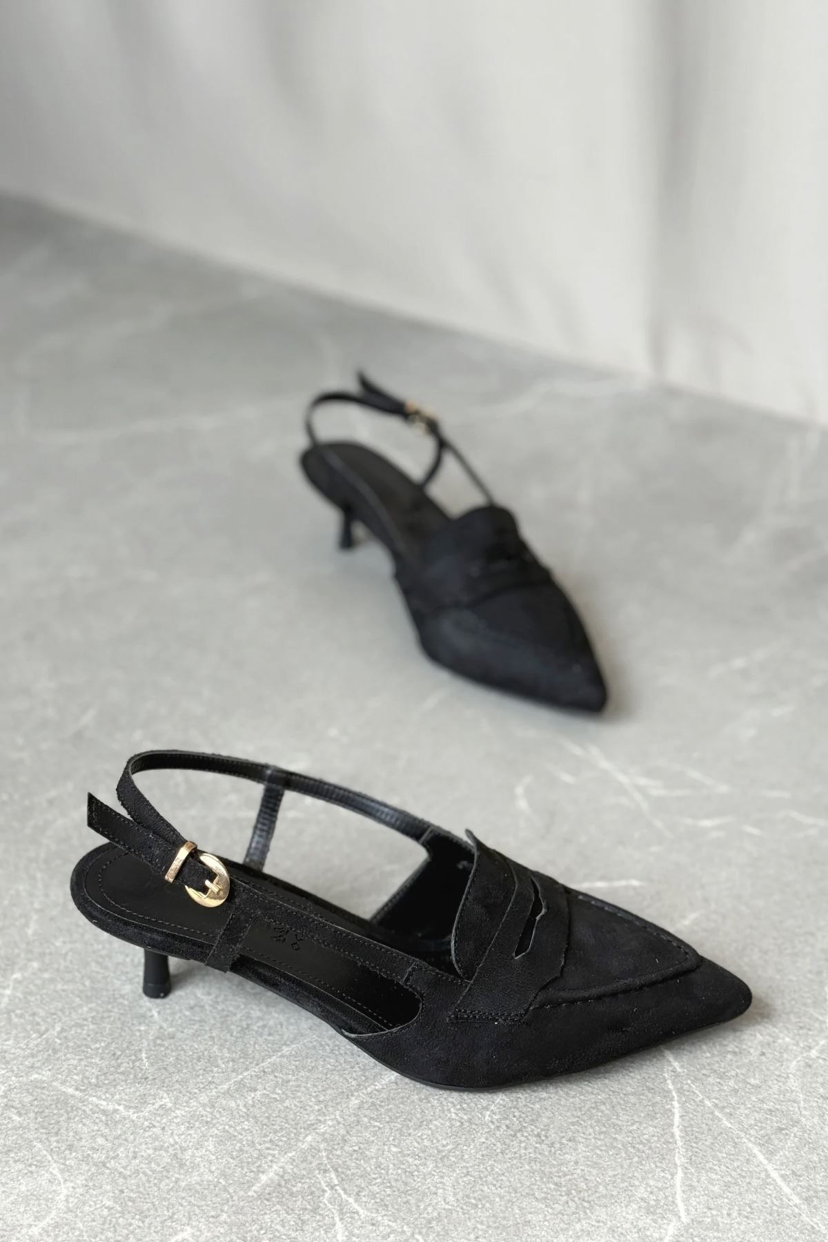 Kadın Pope Kısa Topuklu Ayakkabı - Siyah Süet