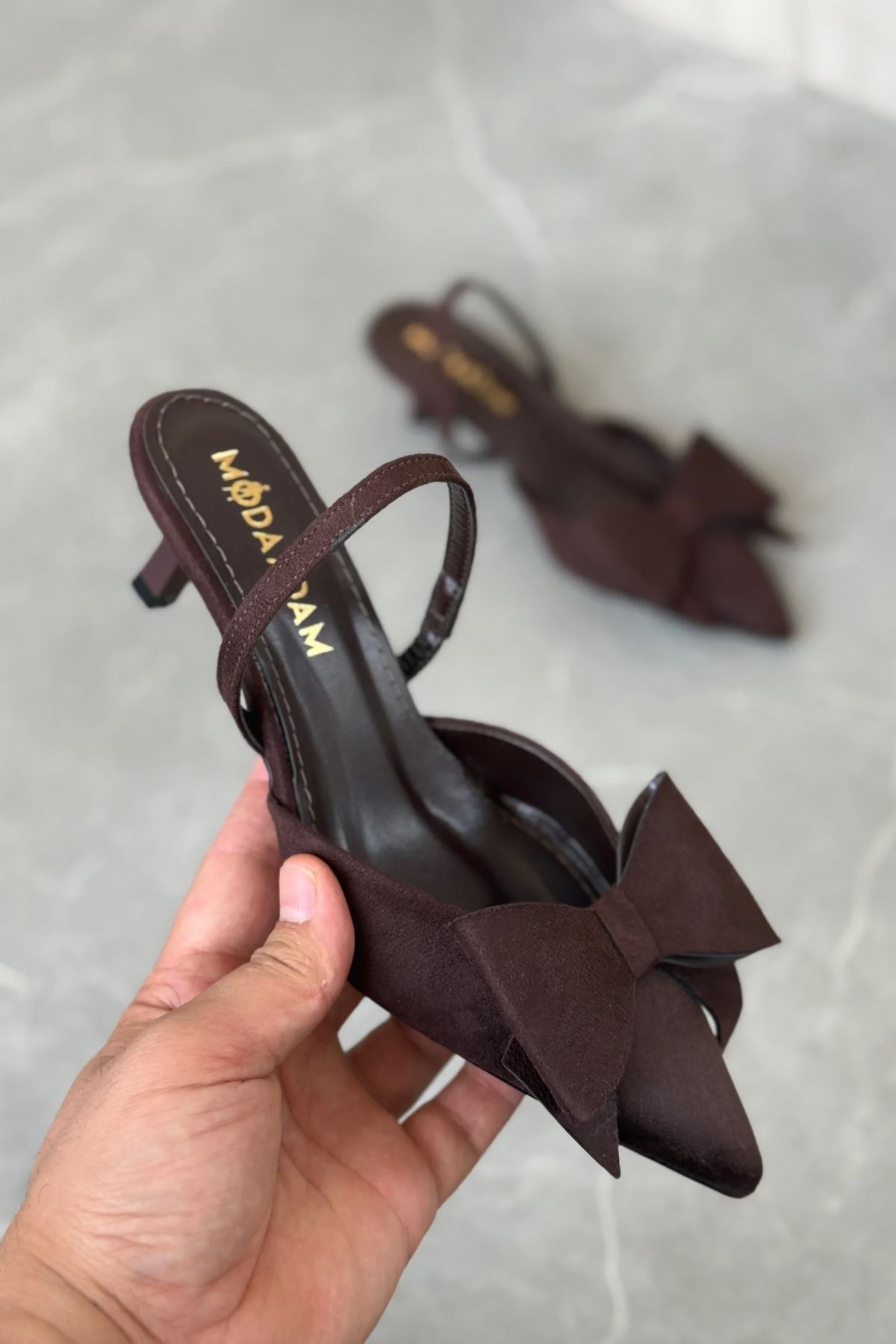 Kadın Cupe İnce Kısa Topuklu Ayakkabı - Kahve-Süet