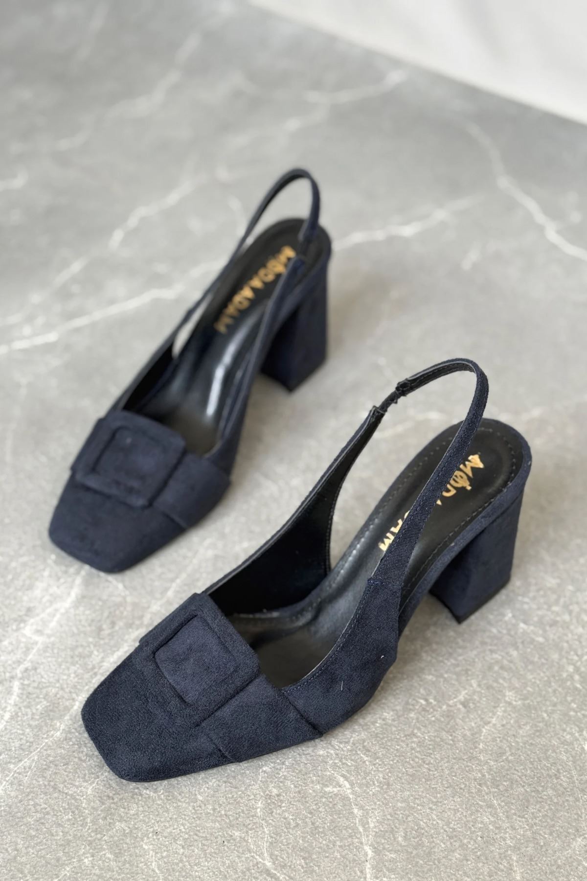 Kadın Jine  Köşe Burun Kare Toka Topuklu Ayakkabı - Lacivert-Süet