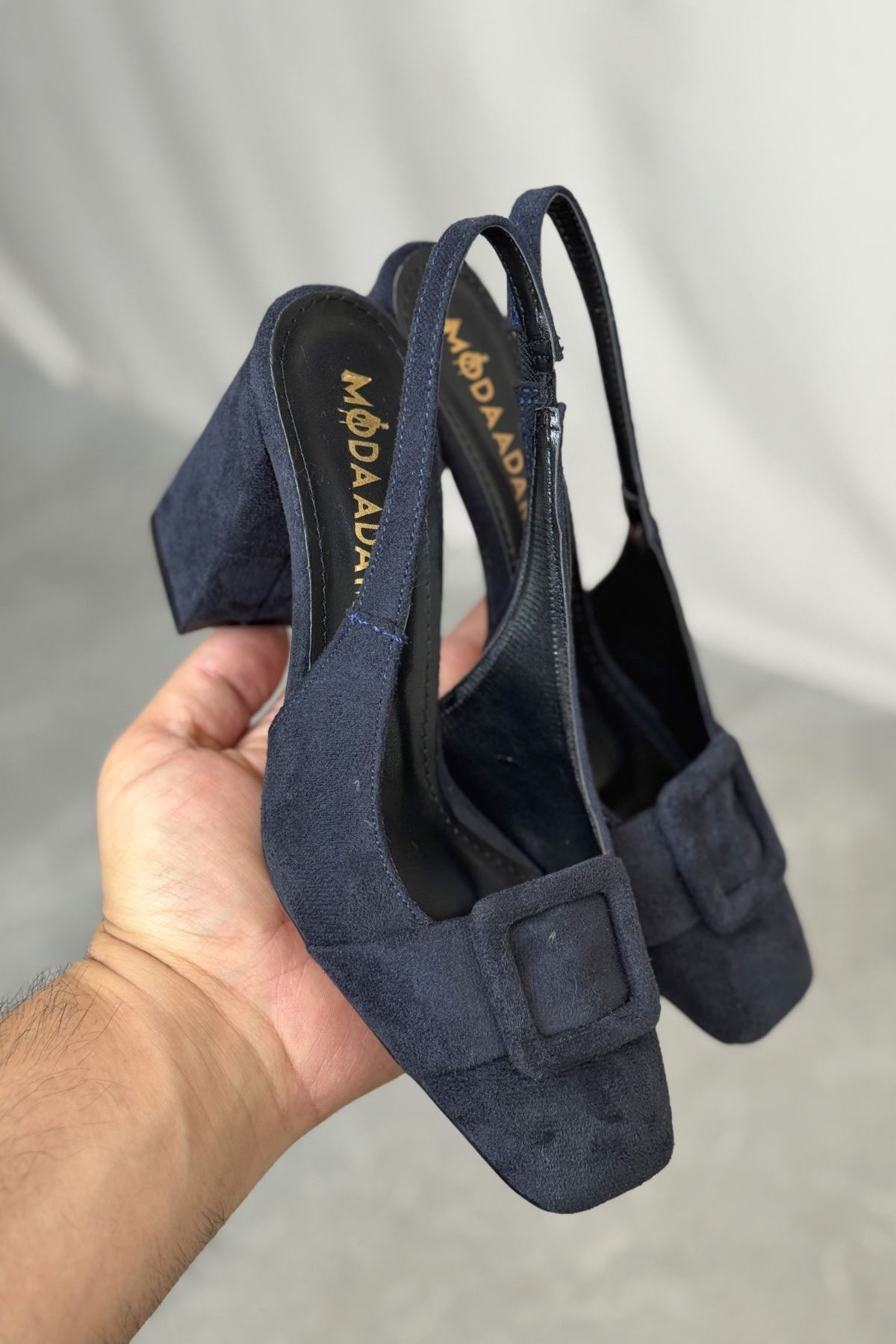 Kadın Jine  Köşe Burun Kare Toka Topuklu Ayakkabı - Lacivert-Süet