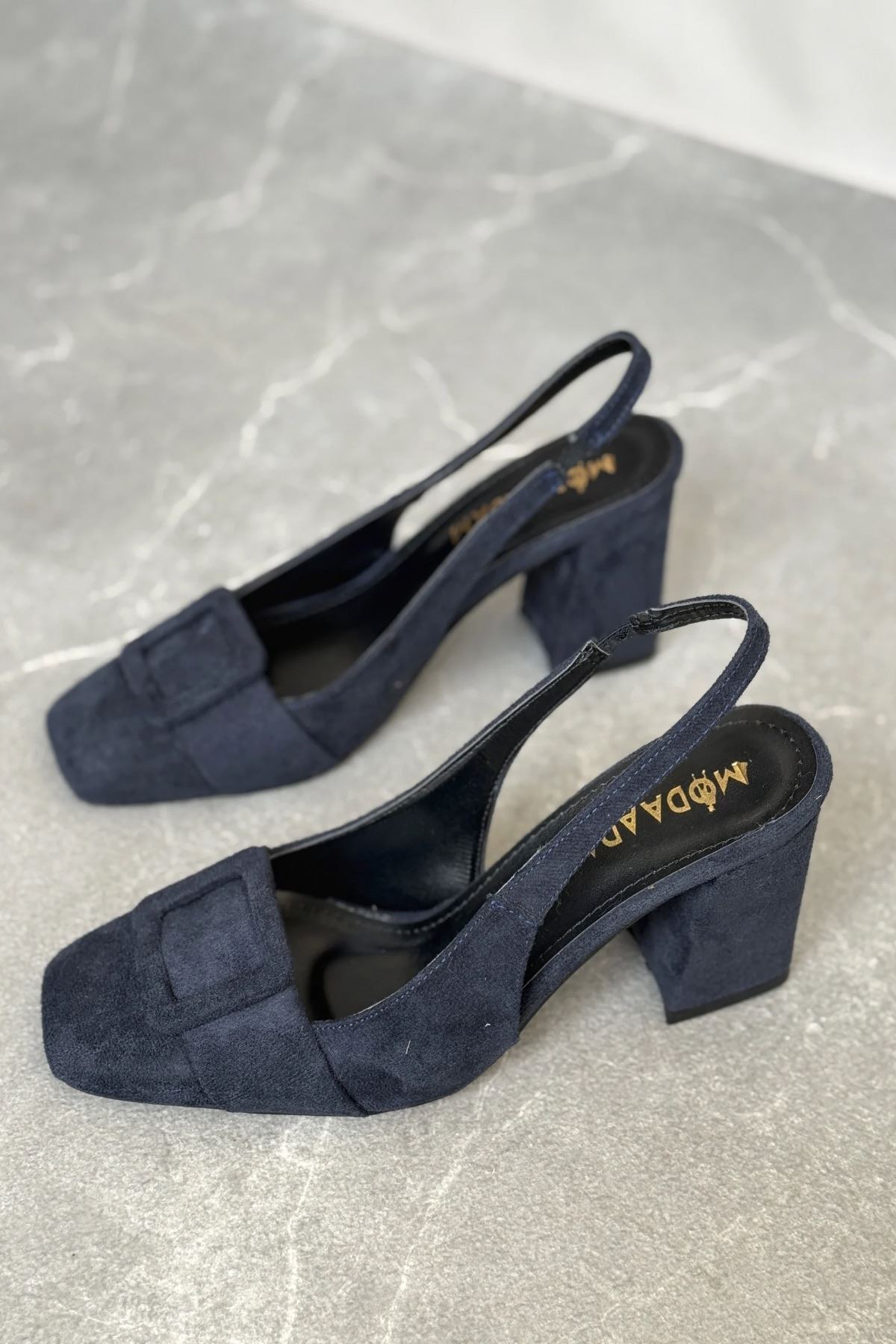Kadın Jine  Köşe Burun Kare Toka Topuklu Ayakkabı - Lacivert-Süet