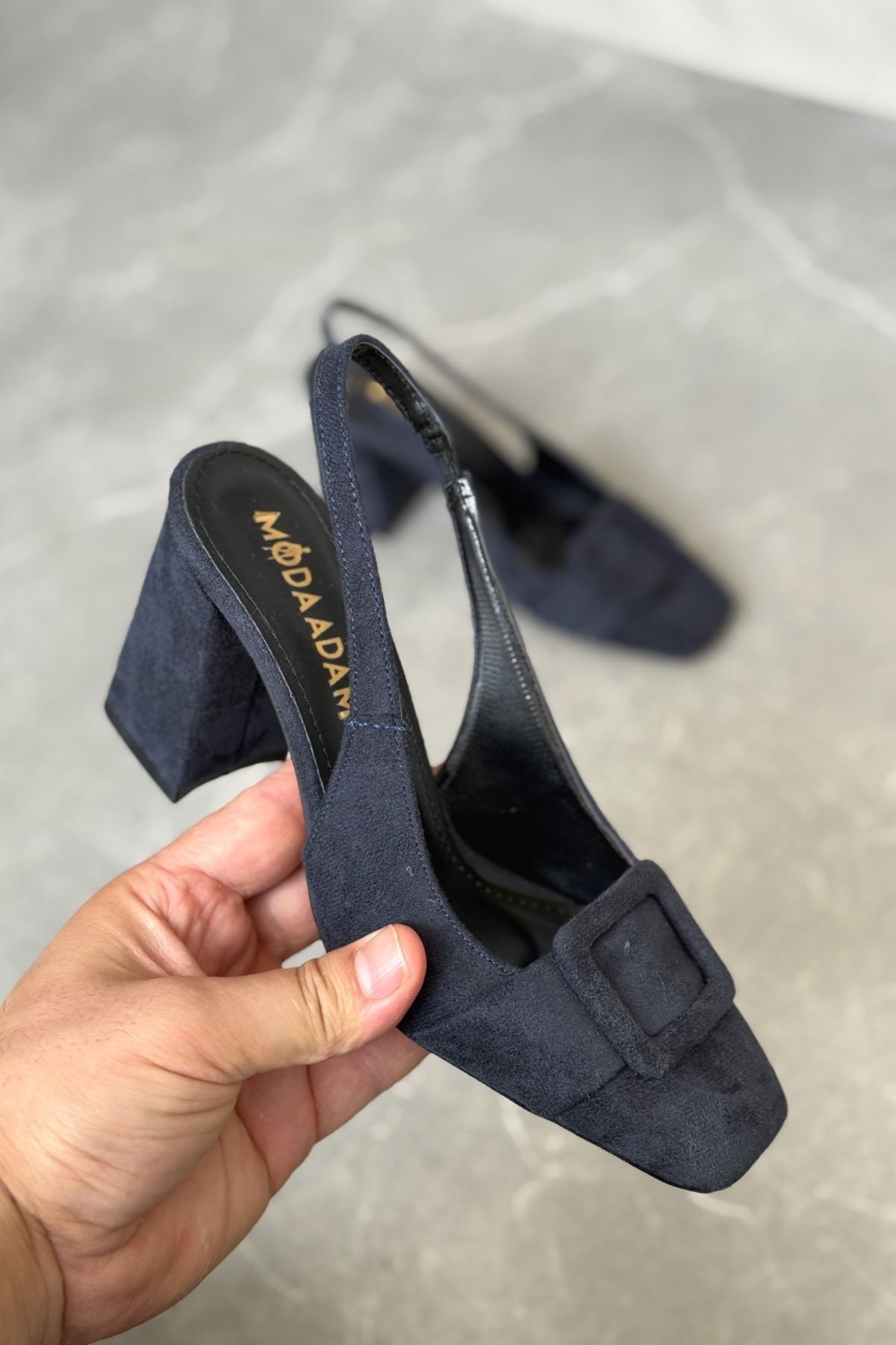 Kadın Jine  Köşe Burun Kare Toka Topuklu Ayakkabı - Lacivert-Süet