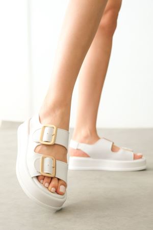 Kadın Zero Tokalı Kalın Tabanlı  Sandalet - Beyaz