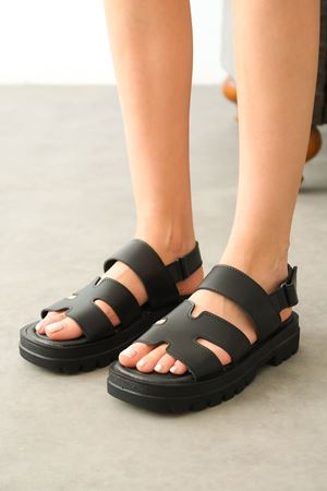 Kadın Boston Tokalı Kalın Tabanlı  Sandalet - siyah-deri