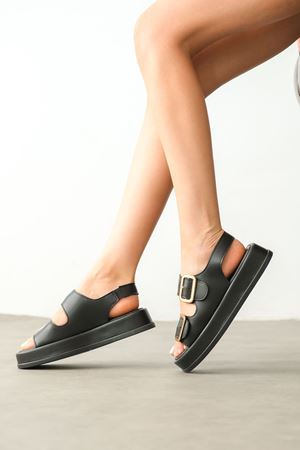 Kadın Zero Tokalı Kalın Tabanlı  Sandalet - siyah-deri