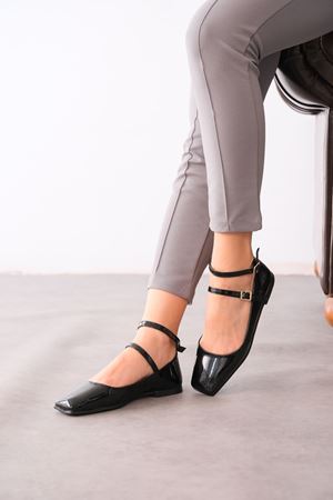 Kadın Figo Köşe Burun Babet Ayakkabı - siyah-rugan