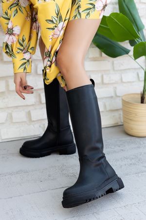 Kadın Kimber Kalın Taban Diz Altı Deri Çizme - Siyah