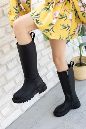 Kadın Kimber Kalın Taban Diz Altı Deri Çizme - Siyah