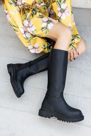 Kadın Kimber Kalın Taban Diz Altı Deri Çizme - Siyah